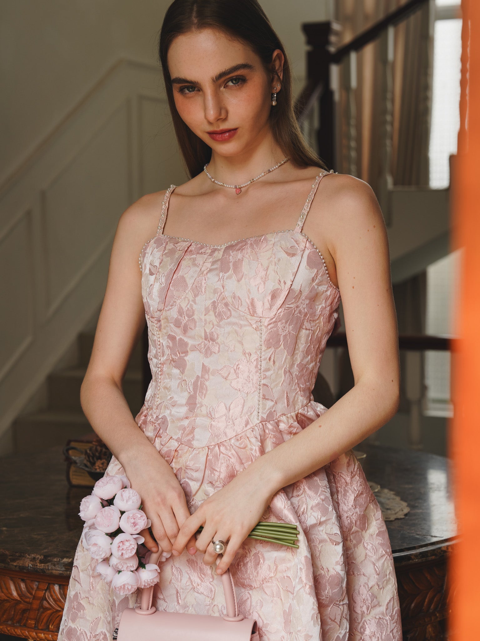 RP2231 - Pearl-Embellished Blush Floral Embroidered Midi Dress (2S-2M-2L)