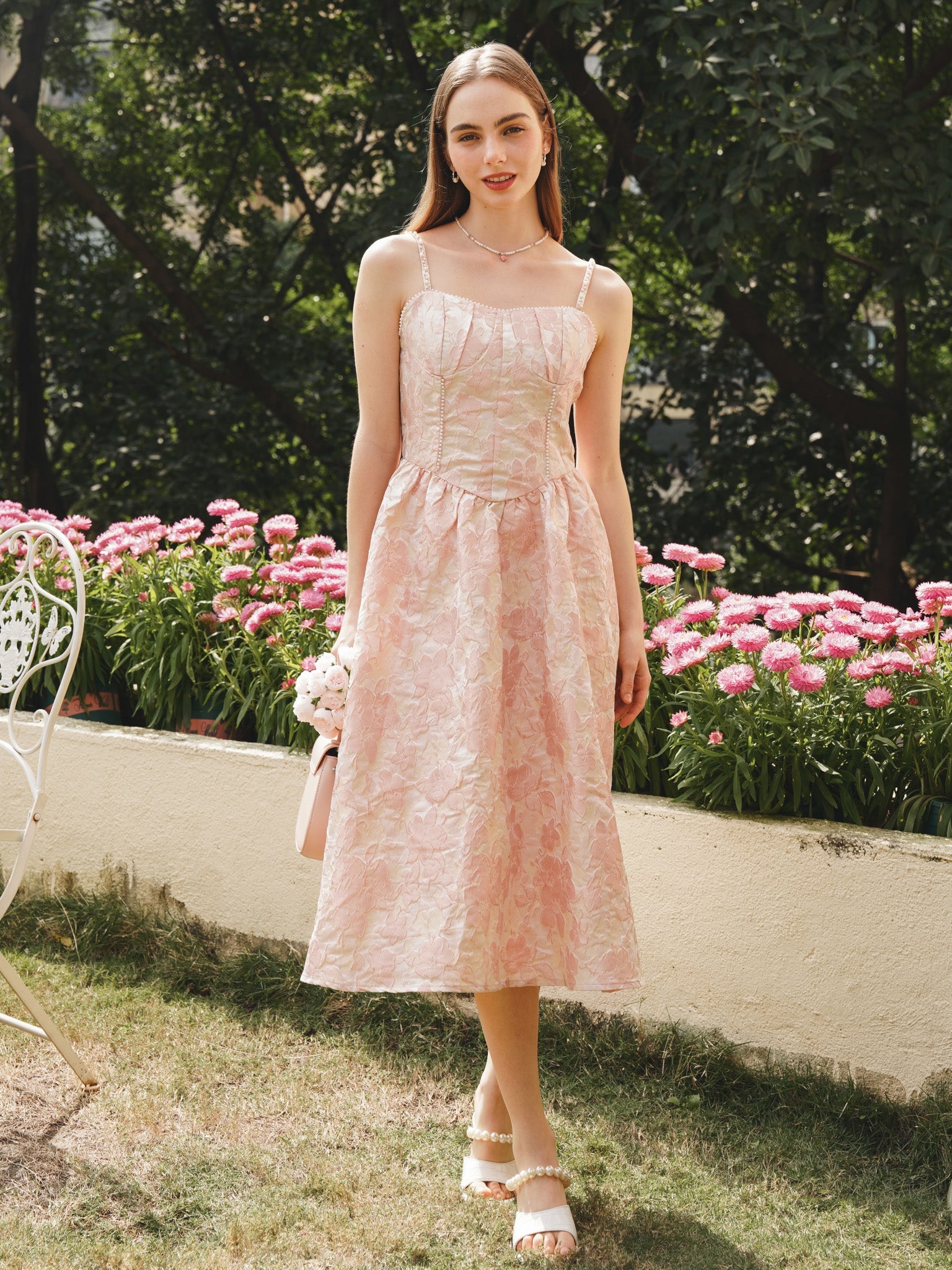 RP2231 - Pearl-Embellished Blush Floral Embroidered Midi Dress (2S-2M-2L)