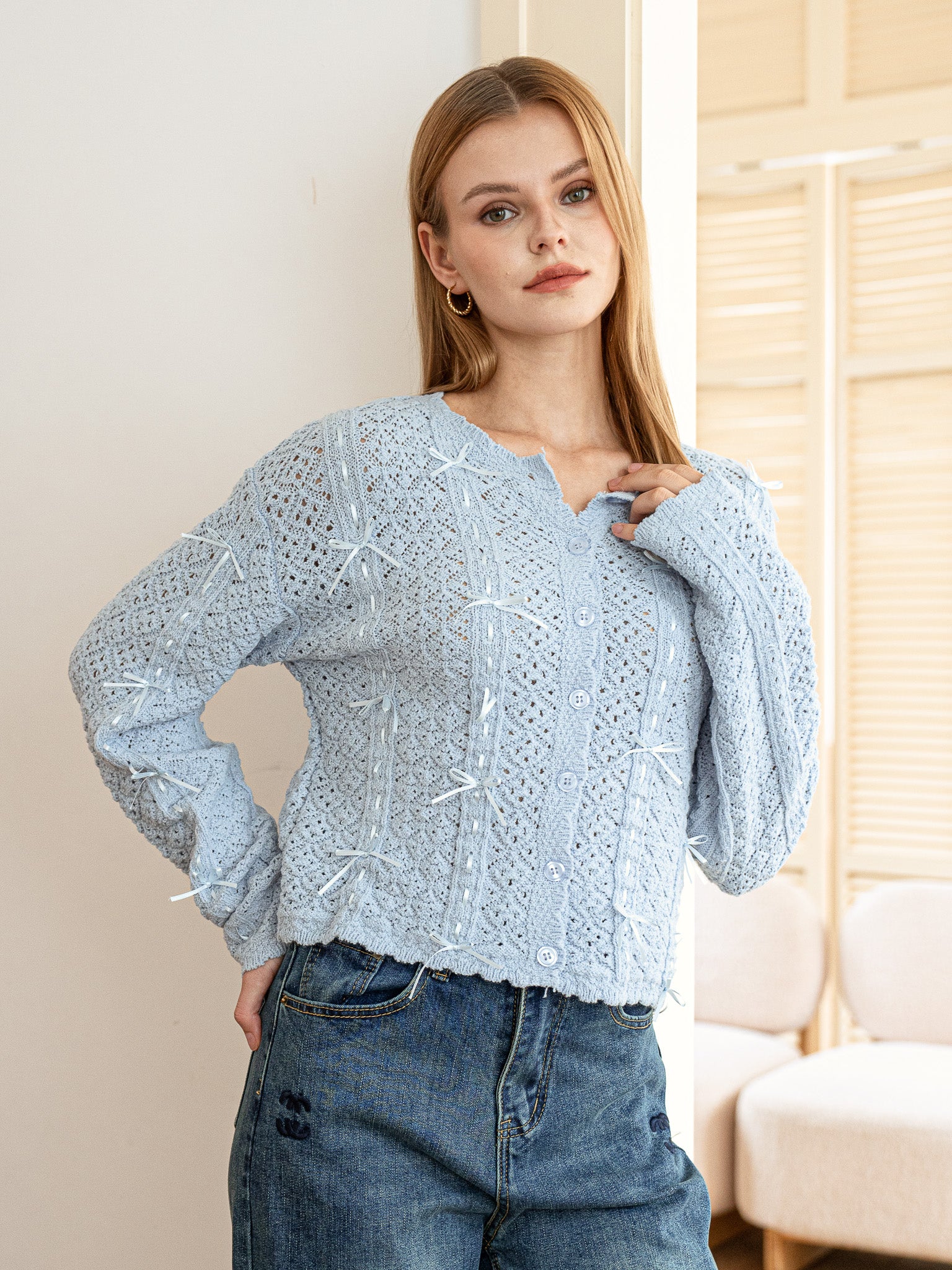 RP2404 - Powder Blue Cardigan with Bow Embellishments (2S-2M-2L)
