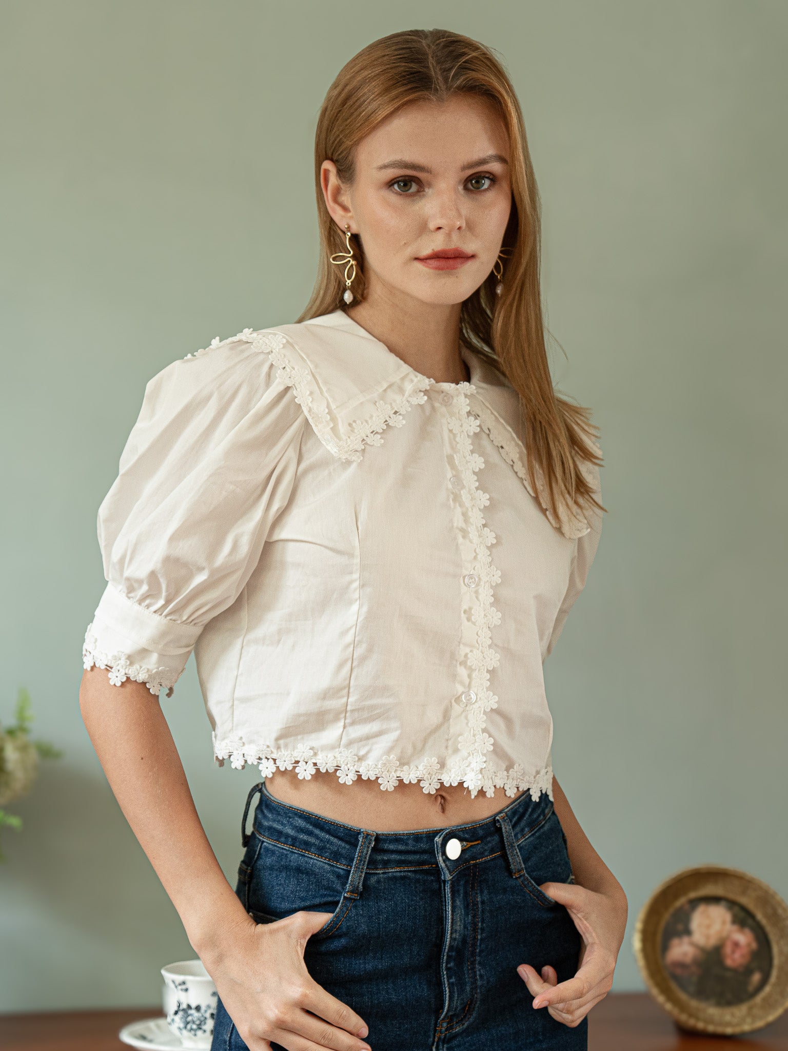 RP2403 - Vintage Floral Lace Trim Blouse (2S-2M-2L)