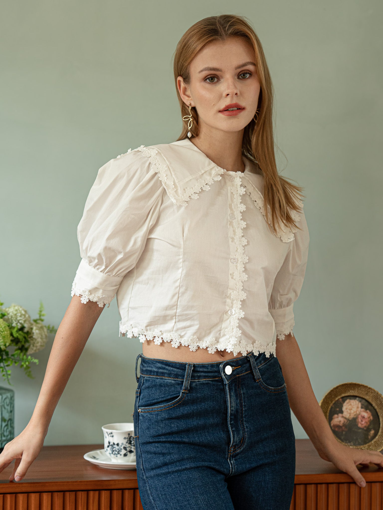 RP2403 - Vintage Floral Lace Trim Blouse (2S-2M-2L)