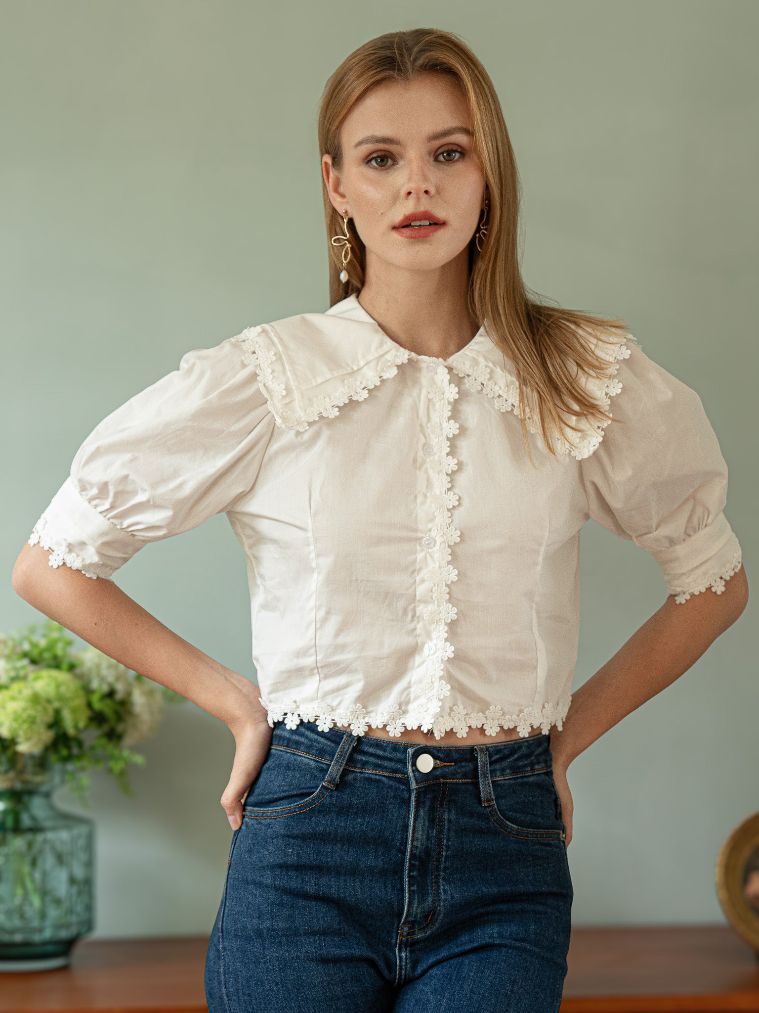 RP2403 - Vintage Floral Lace Trim Blouse (2S-2M-2L)