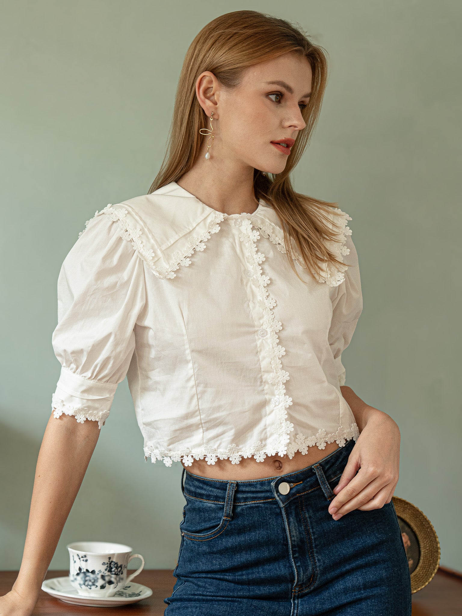 RP2403 - Vintage Floral Lace Trim Blouse (2S-2M-2L)