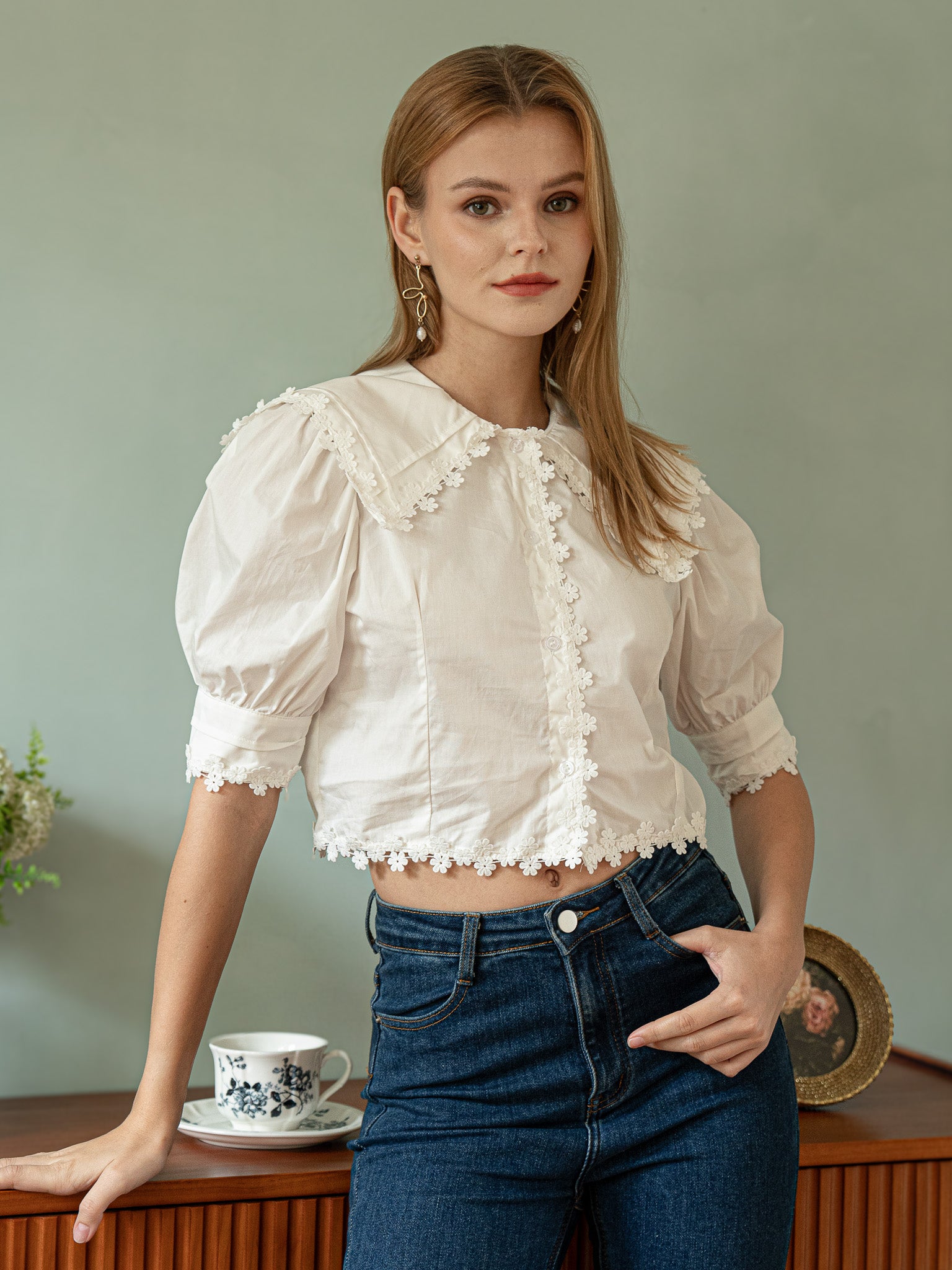 RP2403 - Vintage Floral Lace Trim Blouse (2S-2M-2L)