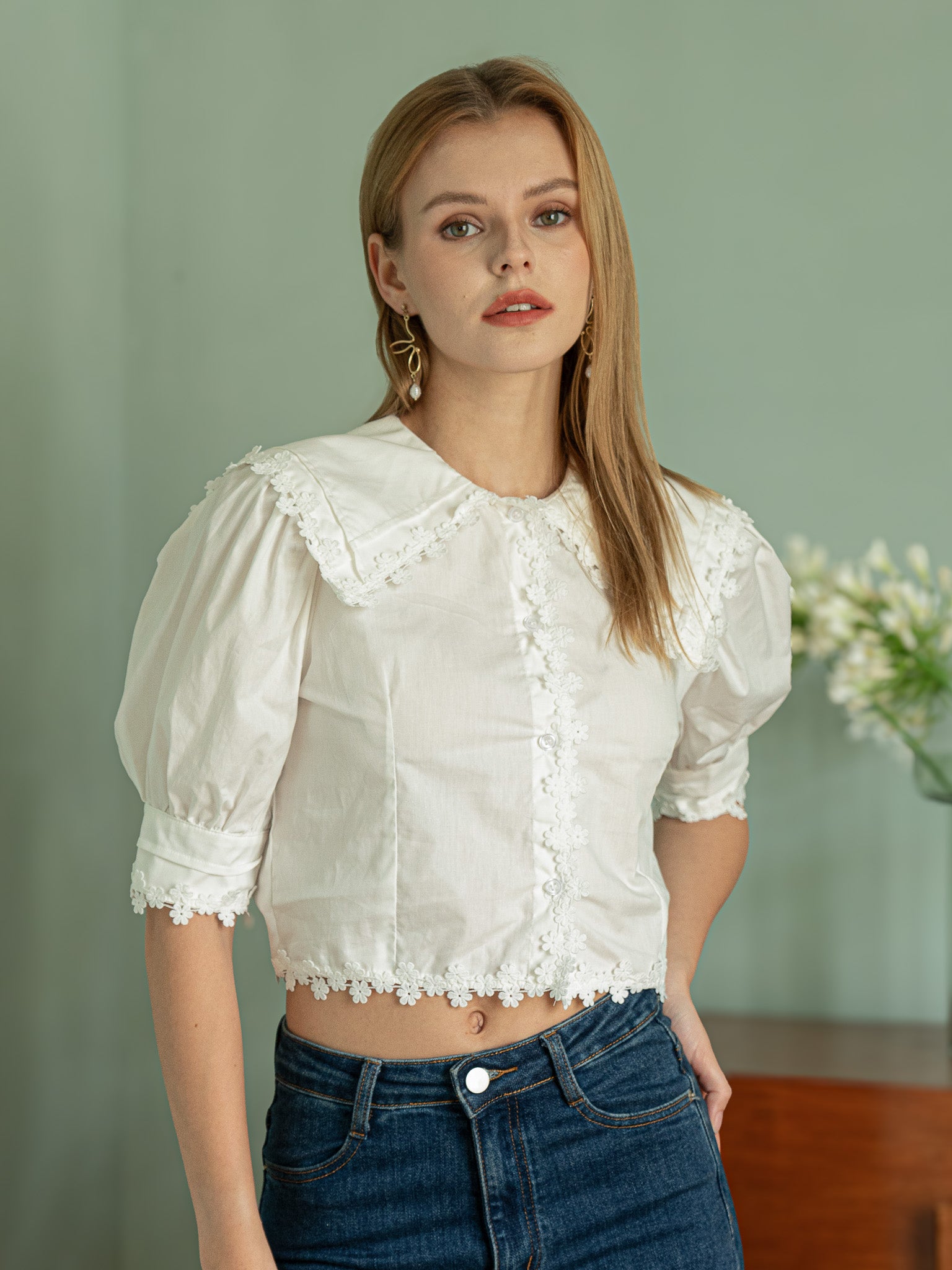 RP2403 - Vintage Floral Lace Trim Blouse (2S-2M-2L)