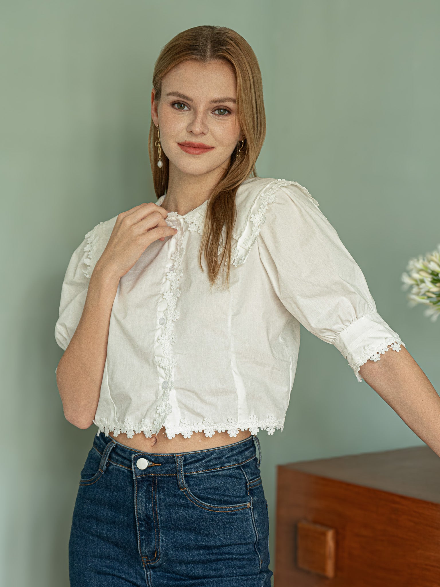 RP2403 - Vintage Floral Lace Trim Blouse (2S-2M-2L)