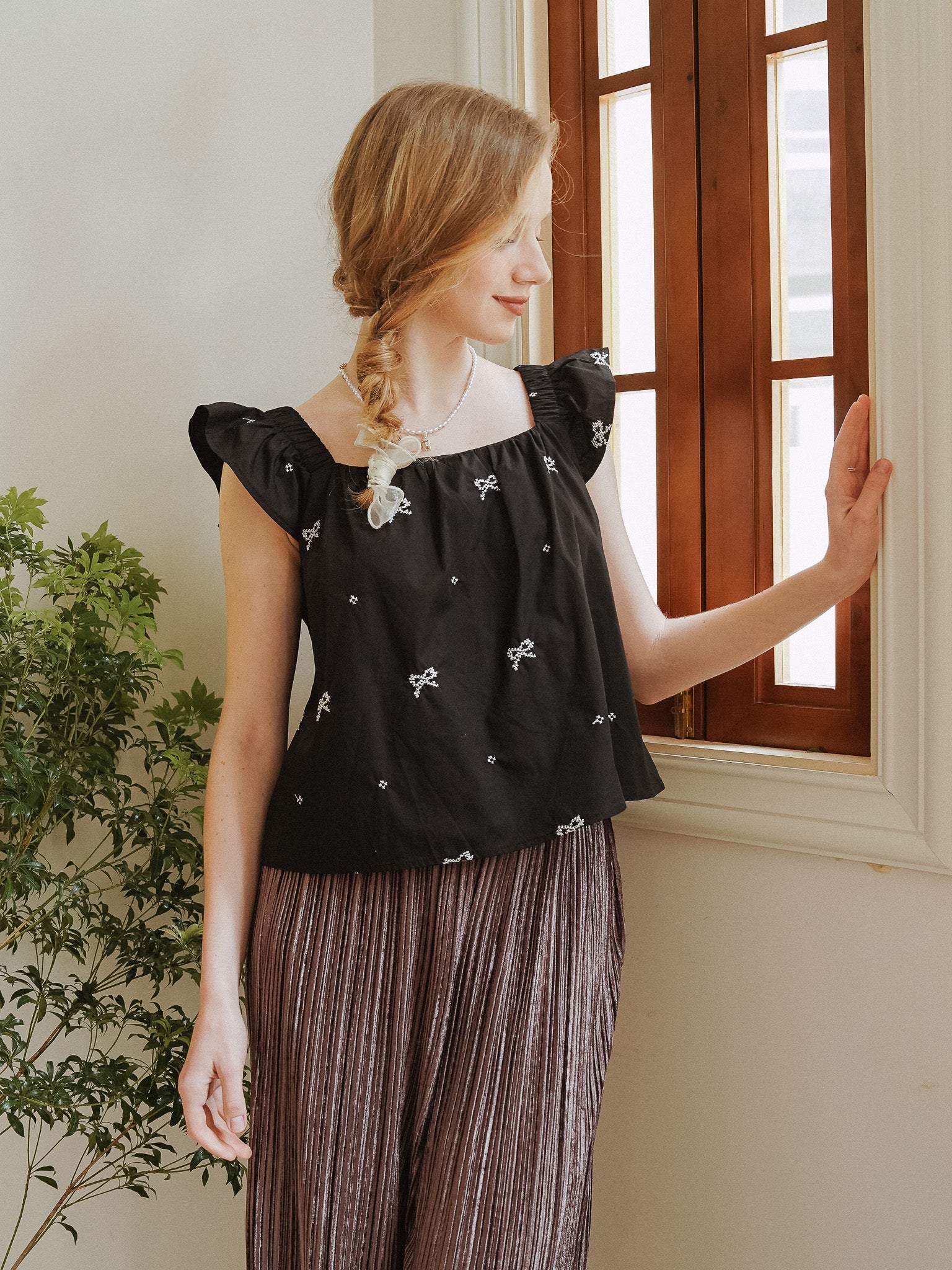 RP2307 - Bow-Embellished Ruffle Sleeve Top (2S-2M-2L)