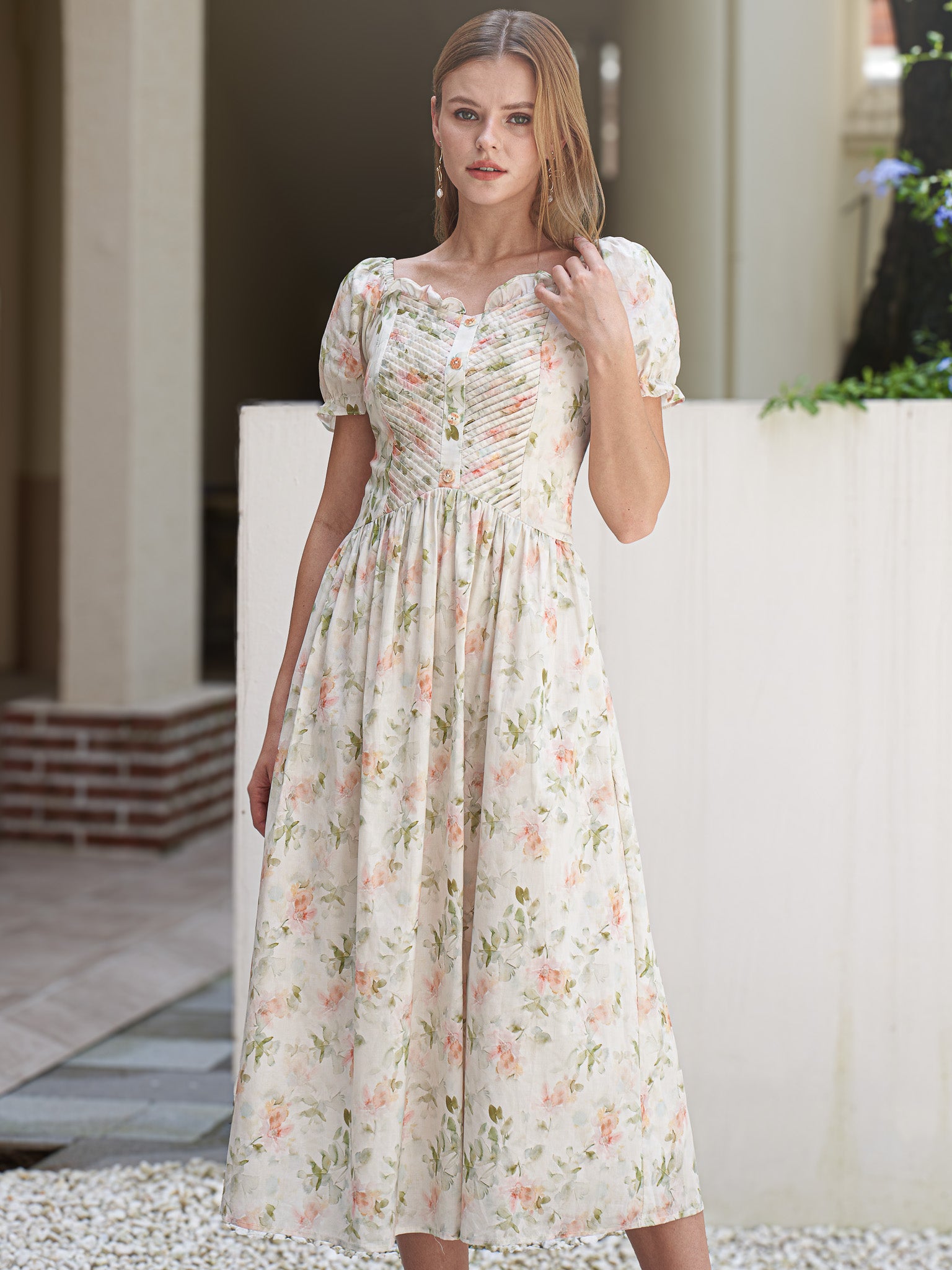 RP2417 - Floral Ruched Puff Sleeve Dress (2S-2M-2L)