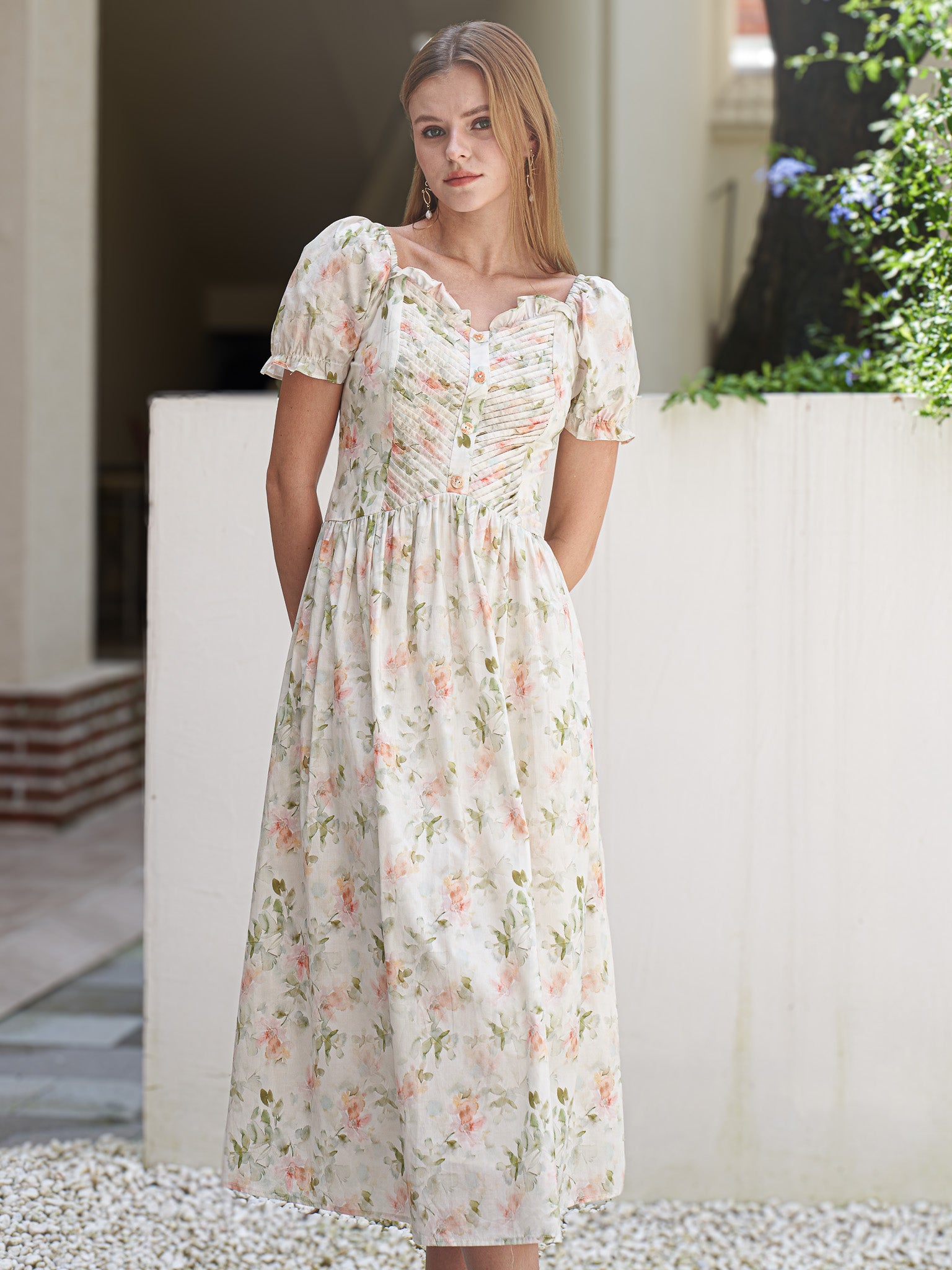 RP2417 - Floral Ruched Puff Sleeve Dress (2S-2M-2L)
