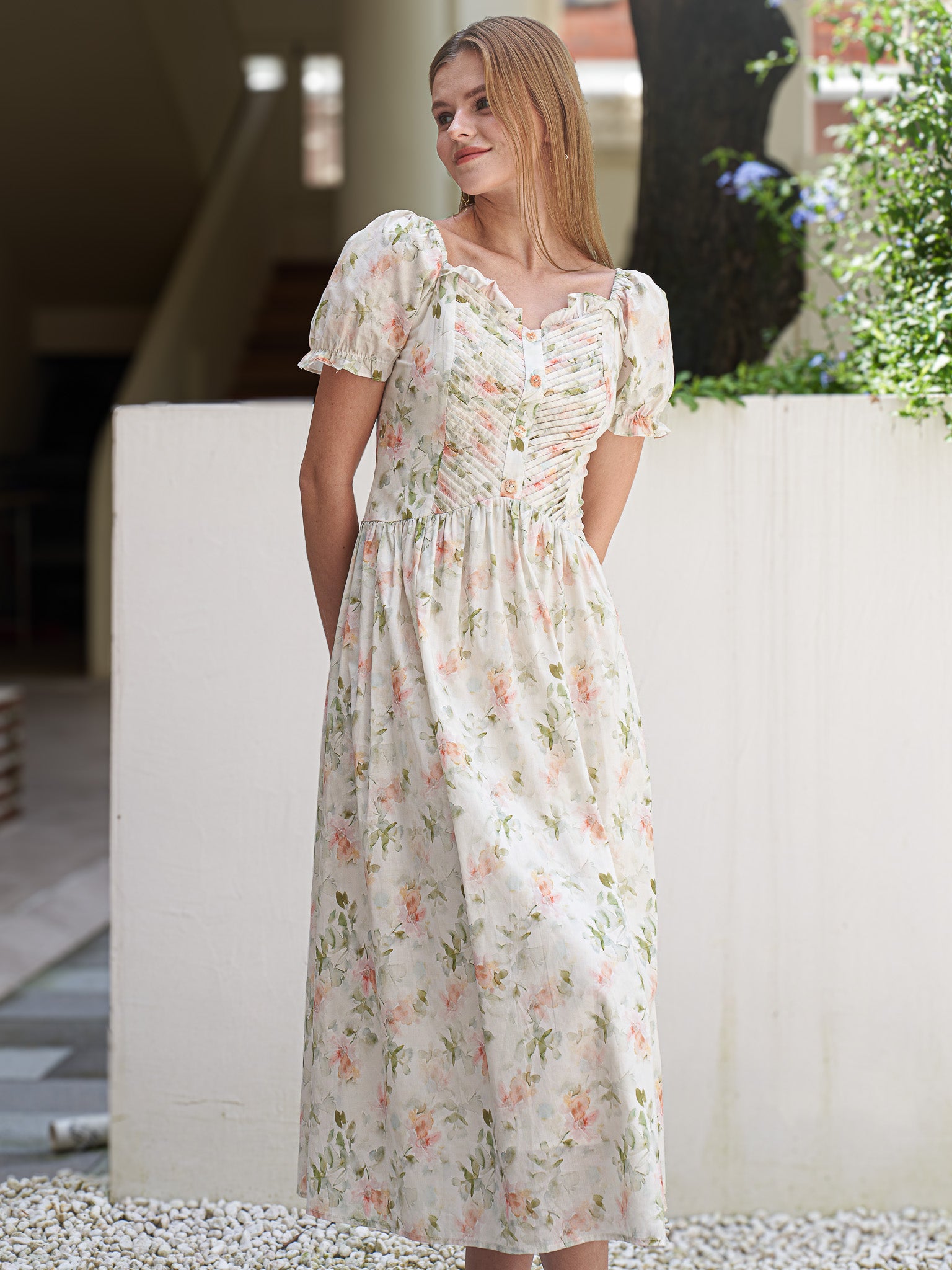 RP2417 - Floral Ruched Puff Sleeve Dress (2S-2M-2L)