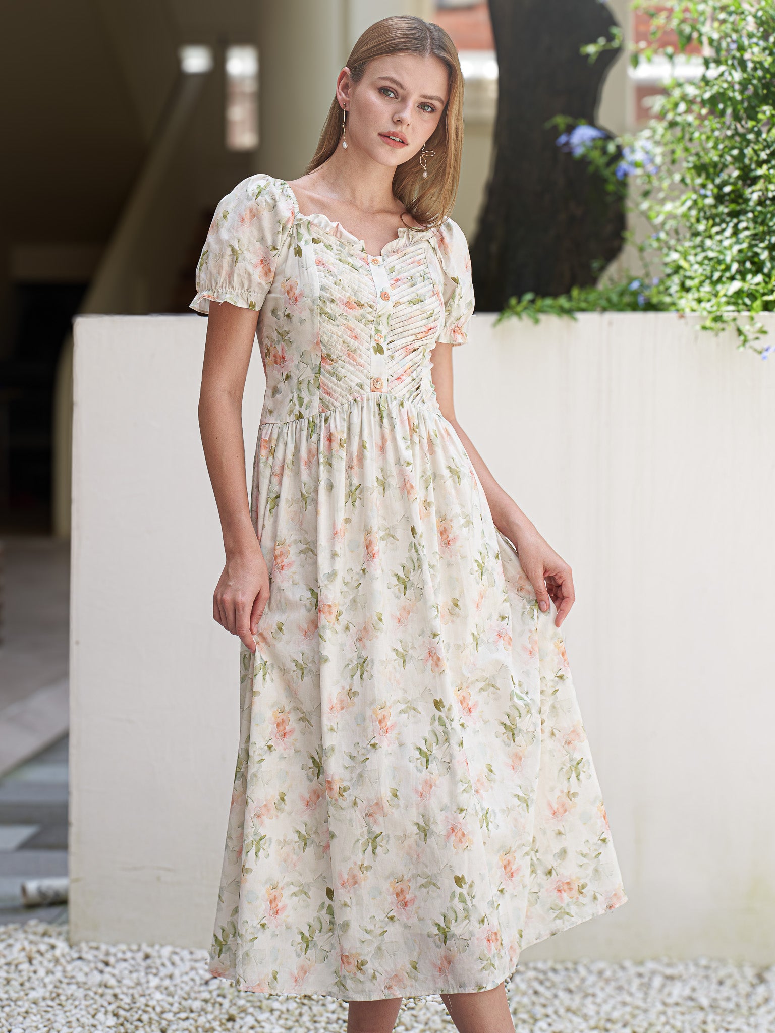 RP2417 - Floral Ruched Puff Sleeve Dress (2S-2M-2L)