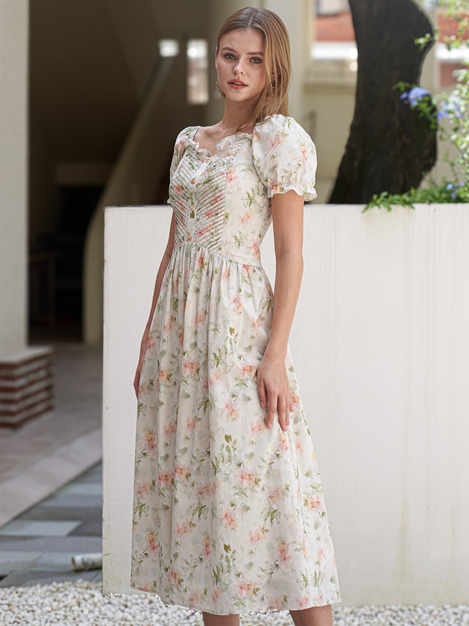 RP2417 - Floral Ruched Puff Sleeve Dress (2S-2M-2L)