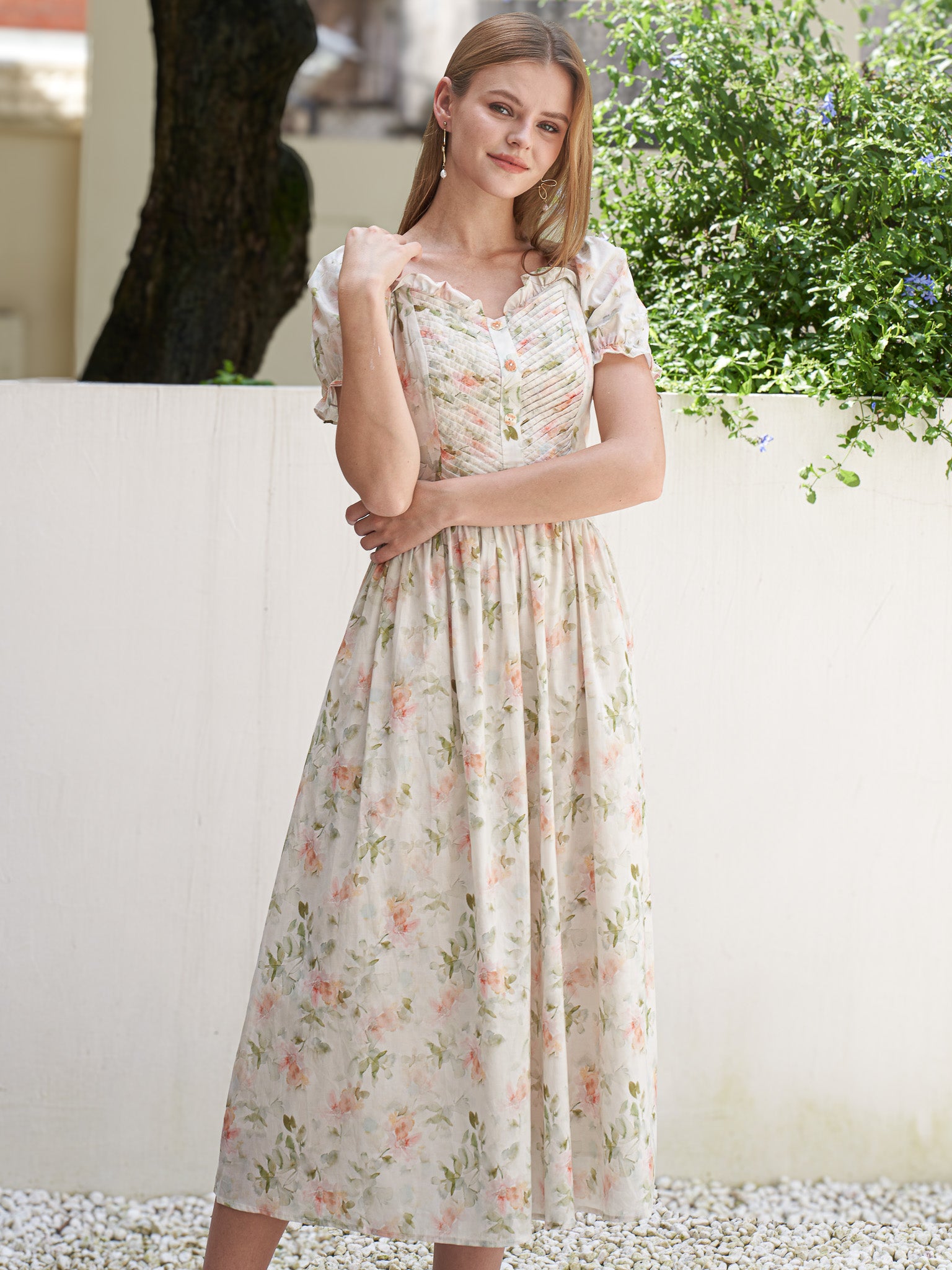 RP2417 - Floral Ruched Puff Sleeve Dress (2S-2M-2L)