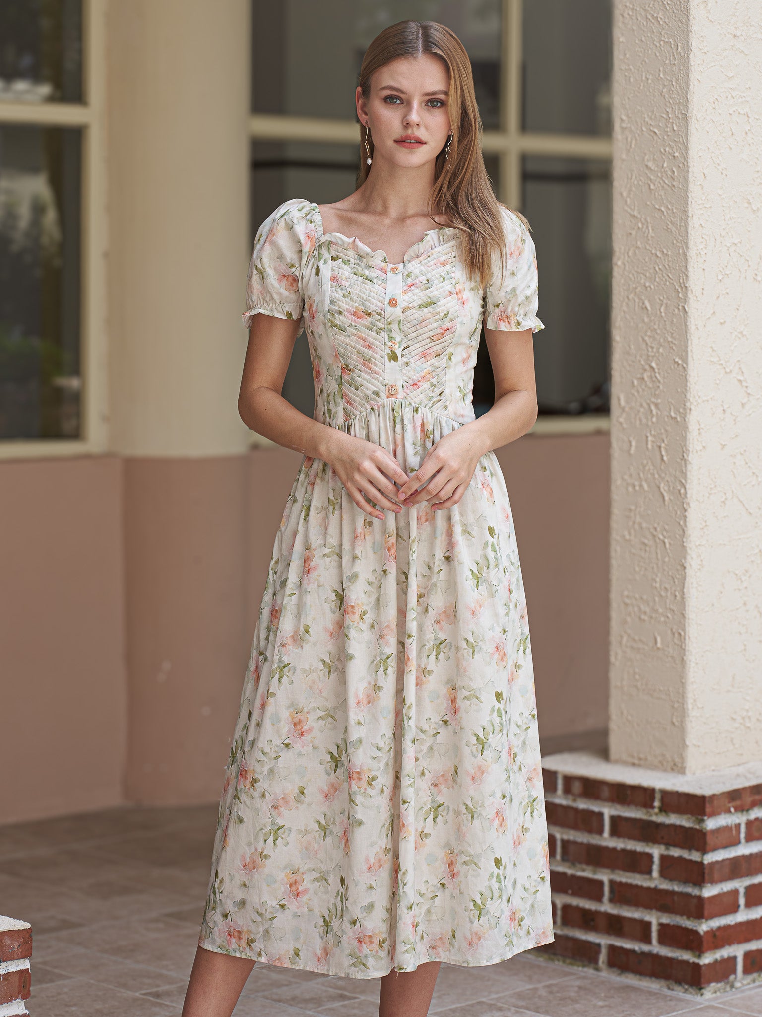RP2417 - Floral Ruched Puff Sleeve Dress (2S-2M-2L)