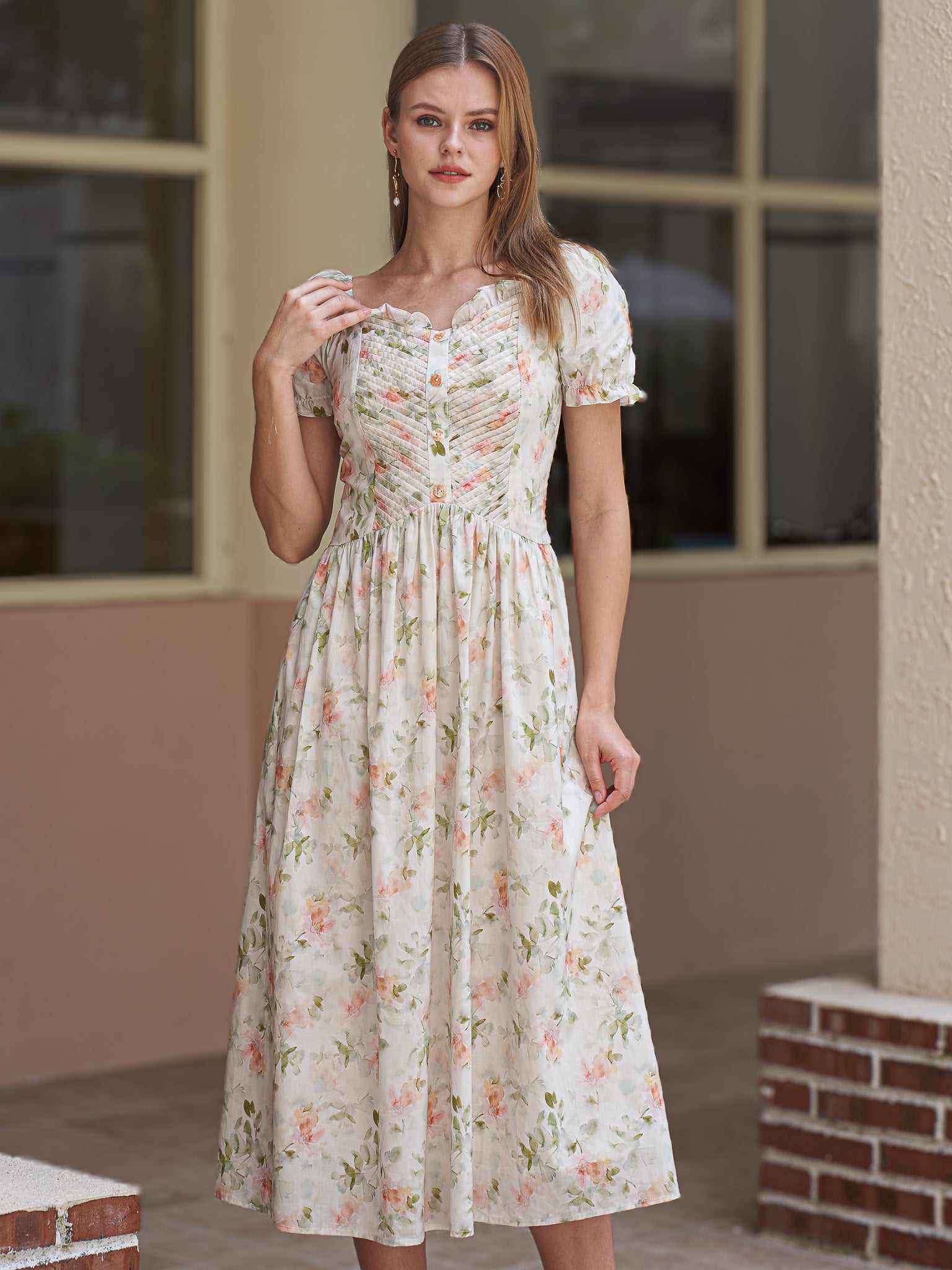 RP2417 - Floral Ruched Puff Sleeve Dress (2S-2M-2L)