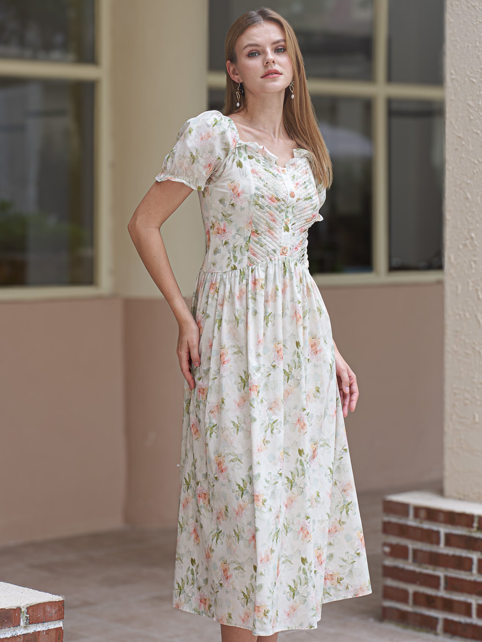 RP2417 - Floral Ruched Puff Sleeve Dress (2S-2M-2L)