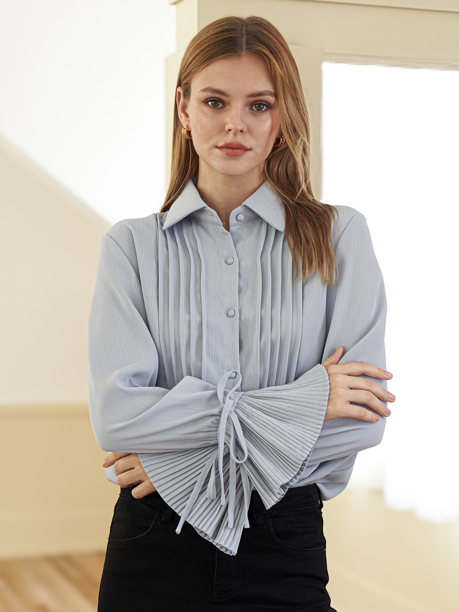 RP2414 - Pleated Cuff Button-Up Blouse (2S-2M-2L)
