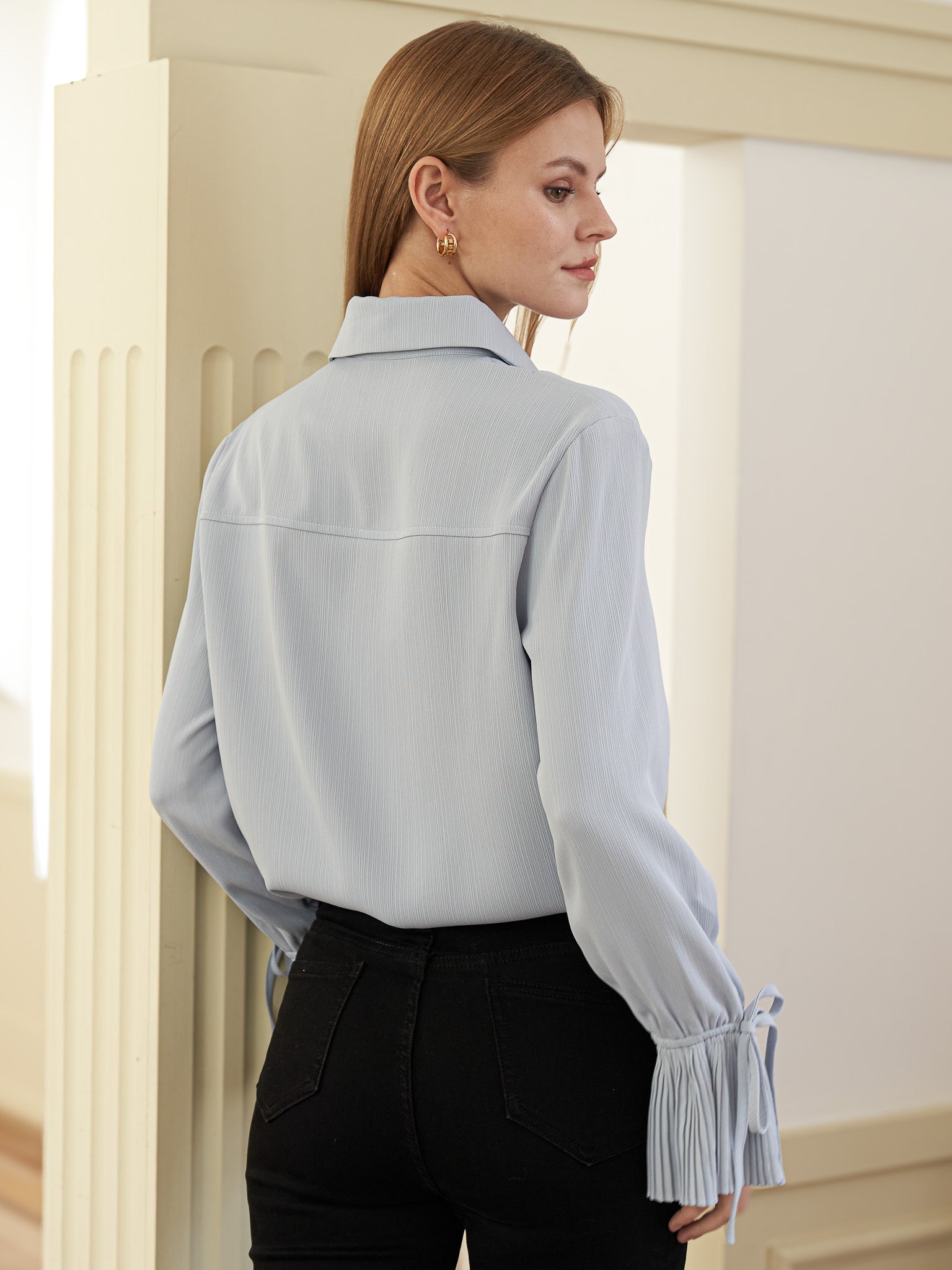 RP2414 - Pleated Cuff Button-Up Blouse (2S-2M-2L)