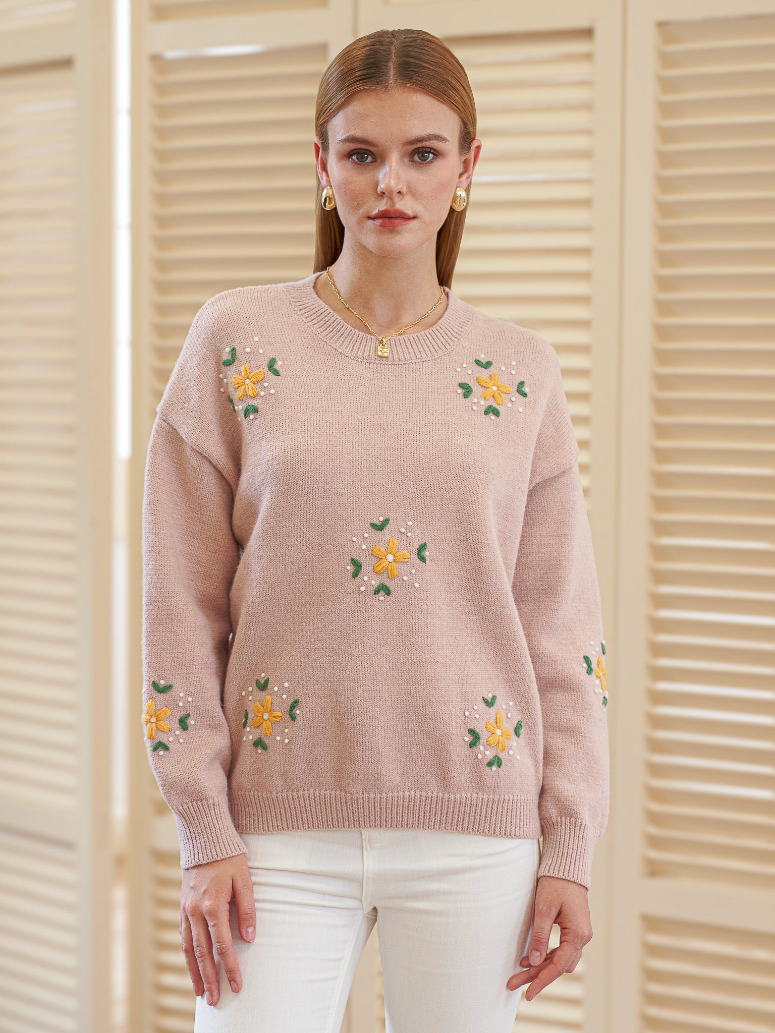 RP2428 - Light Pink Sweater with Embroidered Flowers (2S-2M-2L)