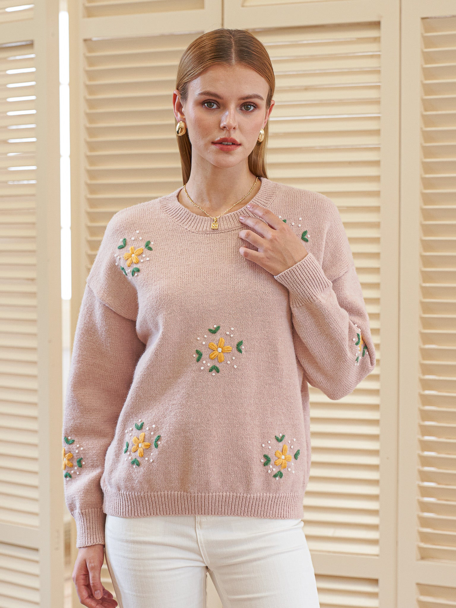 RP2428 - Light Pink Sweater with Embroidered Flowers (2S-2M-2L)