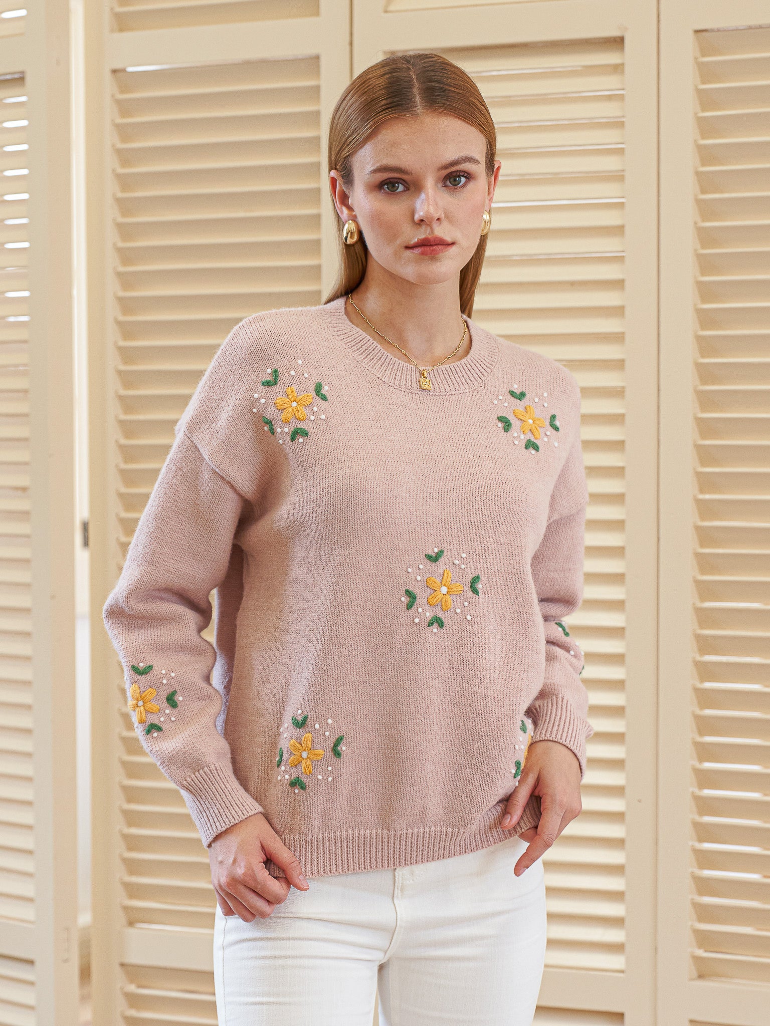 RP2428 - Light Pink Sweater with Embroidered Flowers (2S-2M-2L)