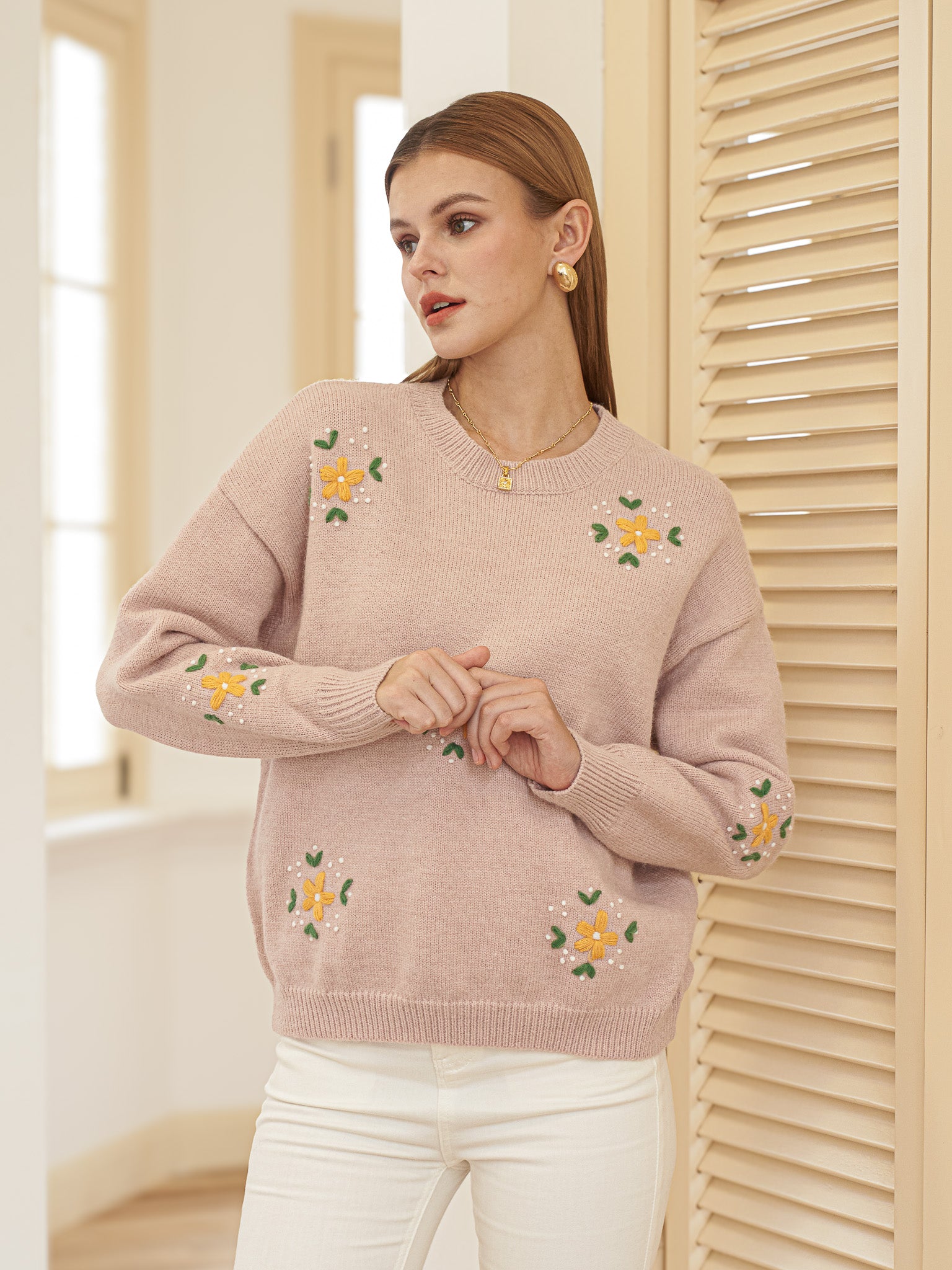 RP2428 - Light Pink Sweater with Embroidered Flowers (2S-2M-2L)