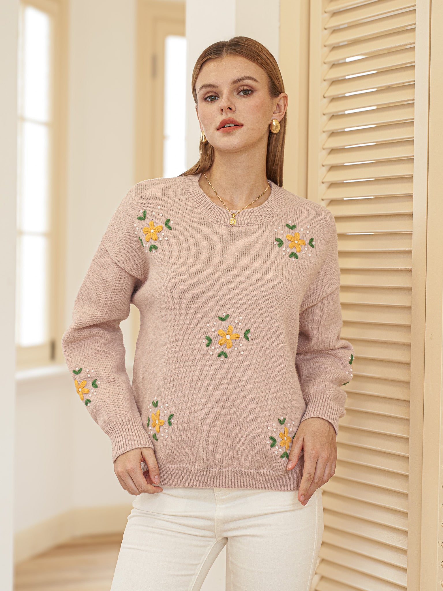 RP2428 - Light Pink Sweater with Embroidered Flowers (2S-2M-2L)