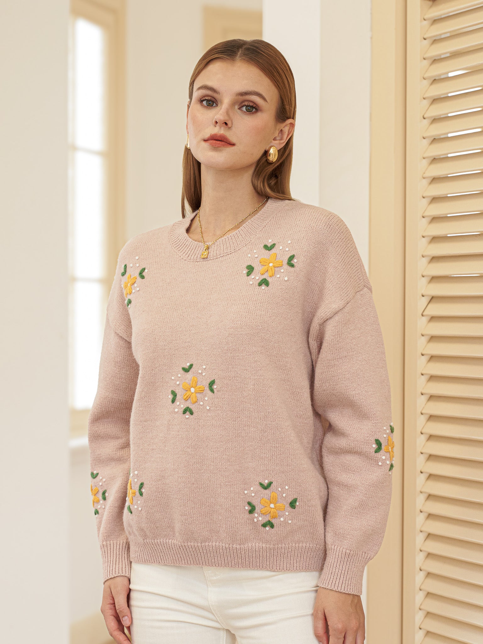 RP2428 - Light Pink Sweater with Embroidered Flowers (2S-2M-2L)