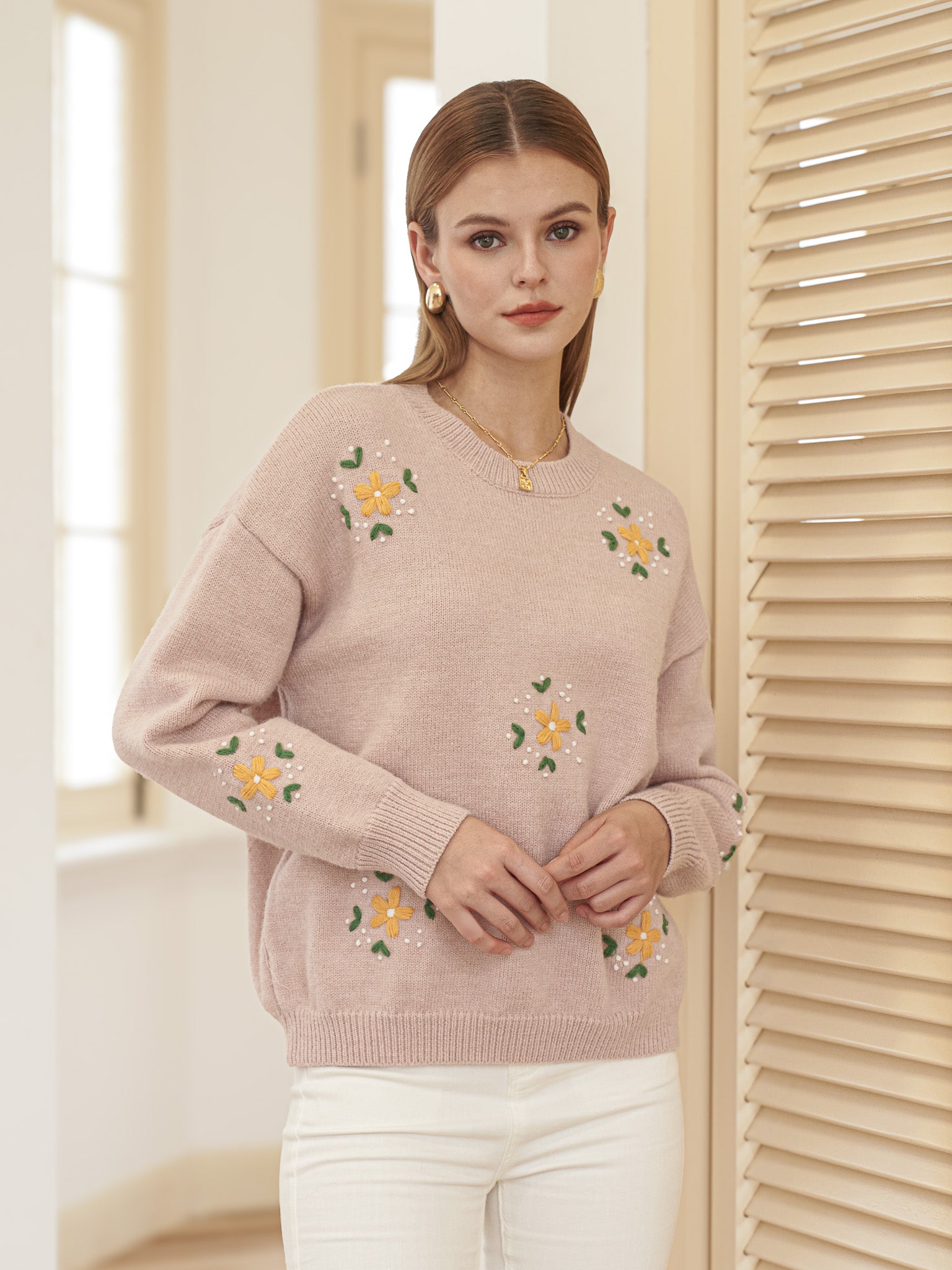 RP2428 - Light Pink Sweater with Embroidered Flowers (2S-2M-2L)