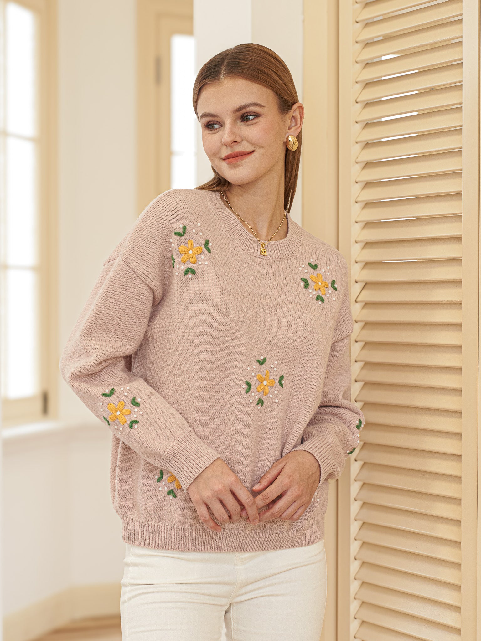 RP2428 - Light Pink Sweater with Embroidered Flowers (2S-2M-2L)
