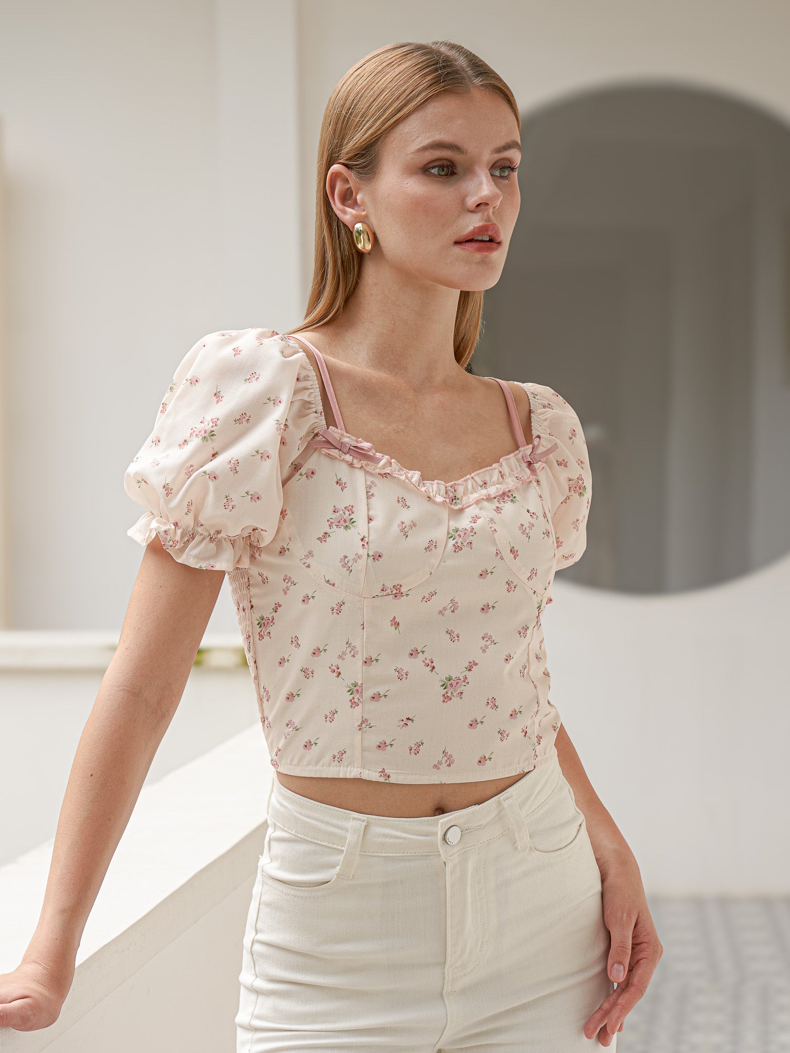 RP2433 - Delicate Floral Puff Sleeve Top (2S-2M-2L)