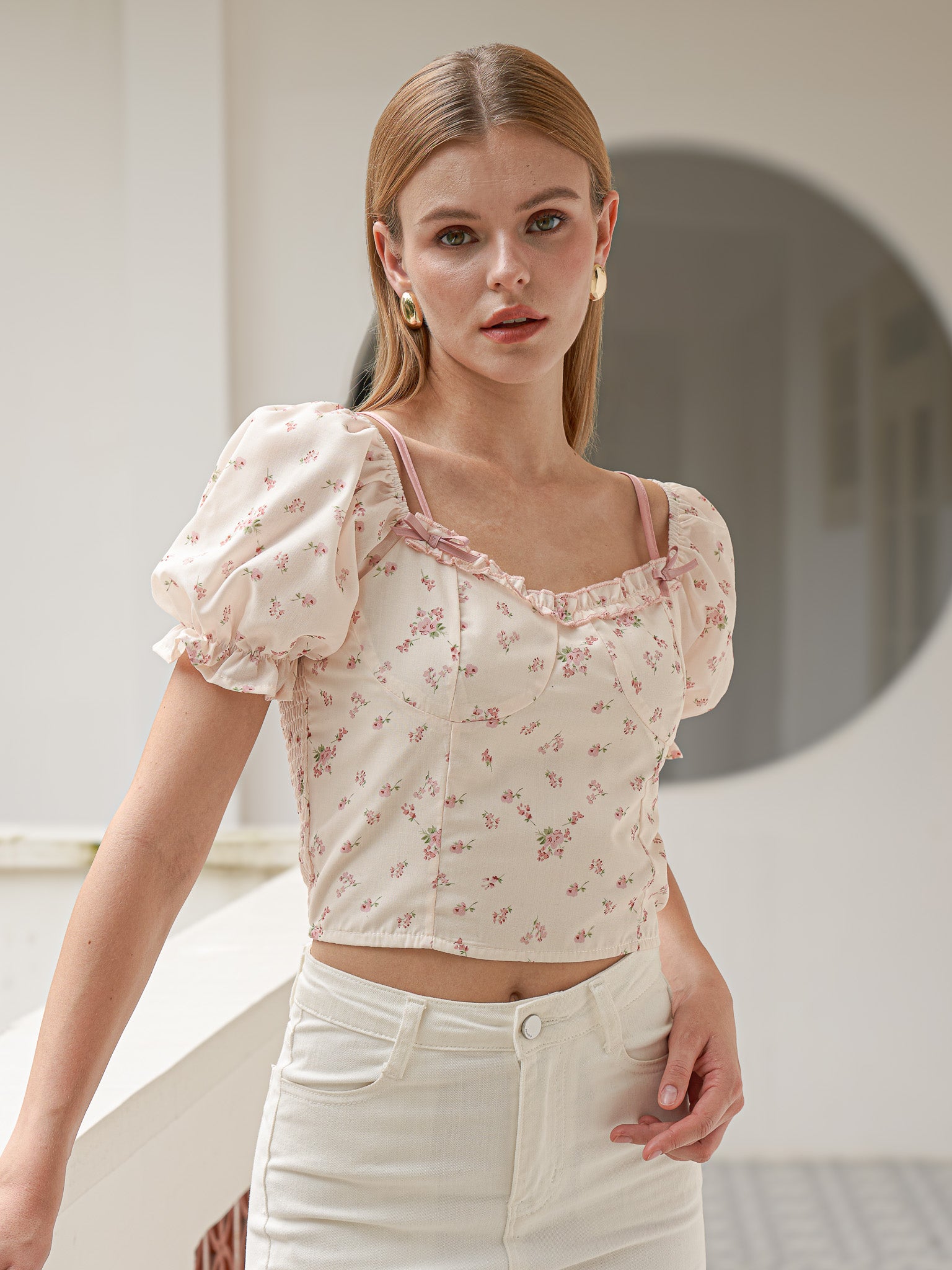 RP2433 - Delicate Floral Puff Sleeve Top (2S-2M-2L)