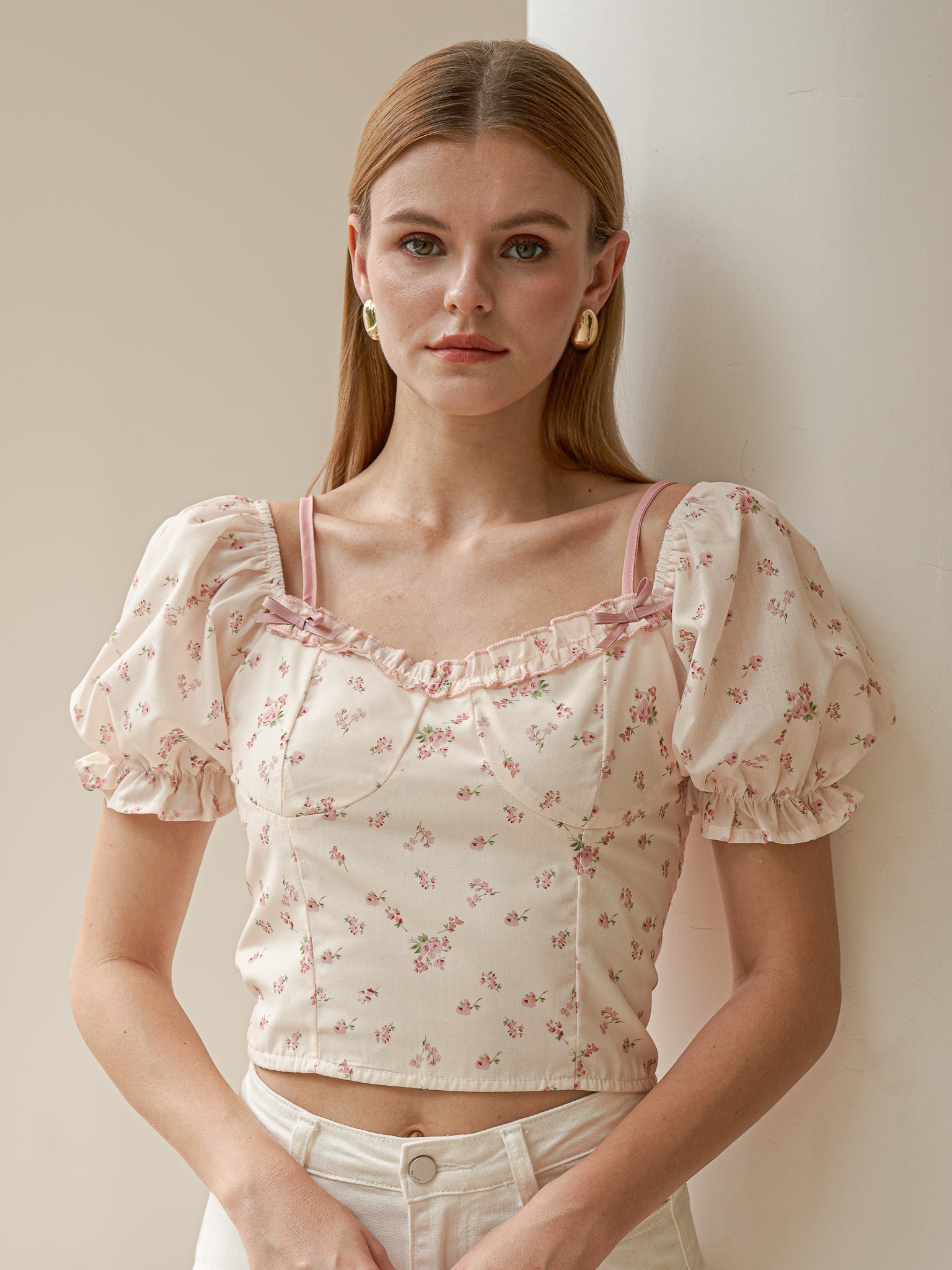 RP2433 - Delicate Floral Puff Sleeve Top (2S-2M-2L)