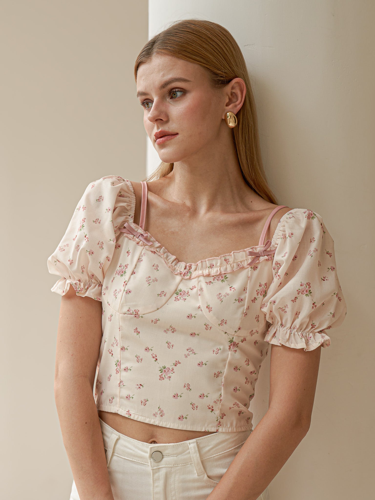 RP2433 - Delicate Floral Puff Sleeve Top (2S-2M-2L)