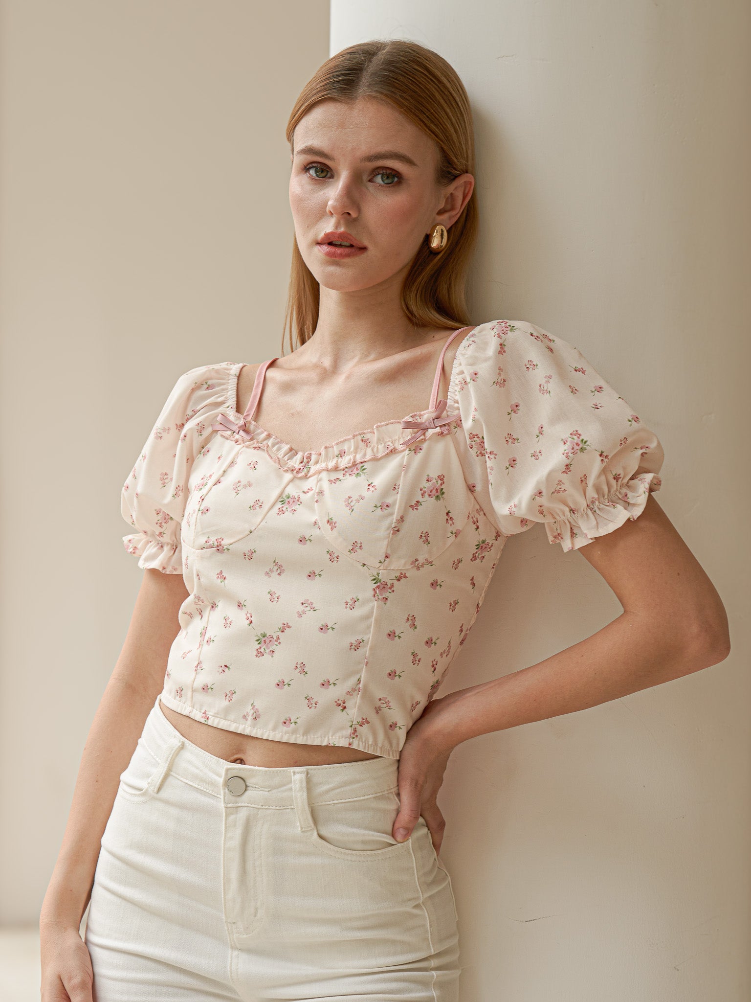 RP2433 - Delicate Floral Puff Sleeve Top (2S-2M-2L)