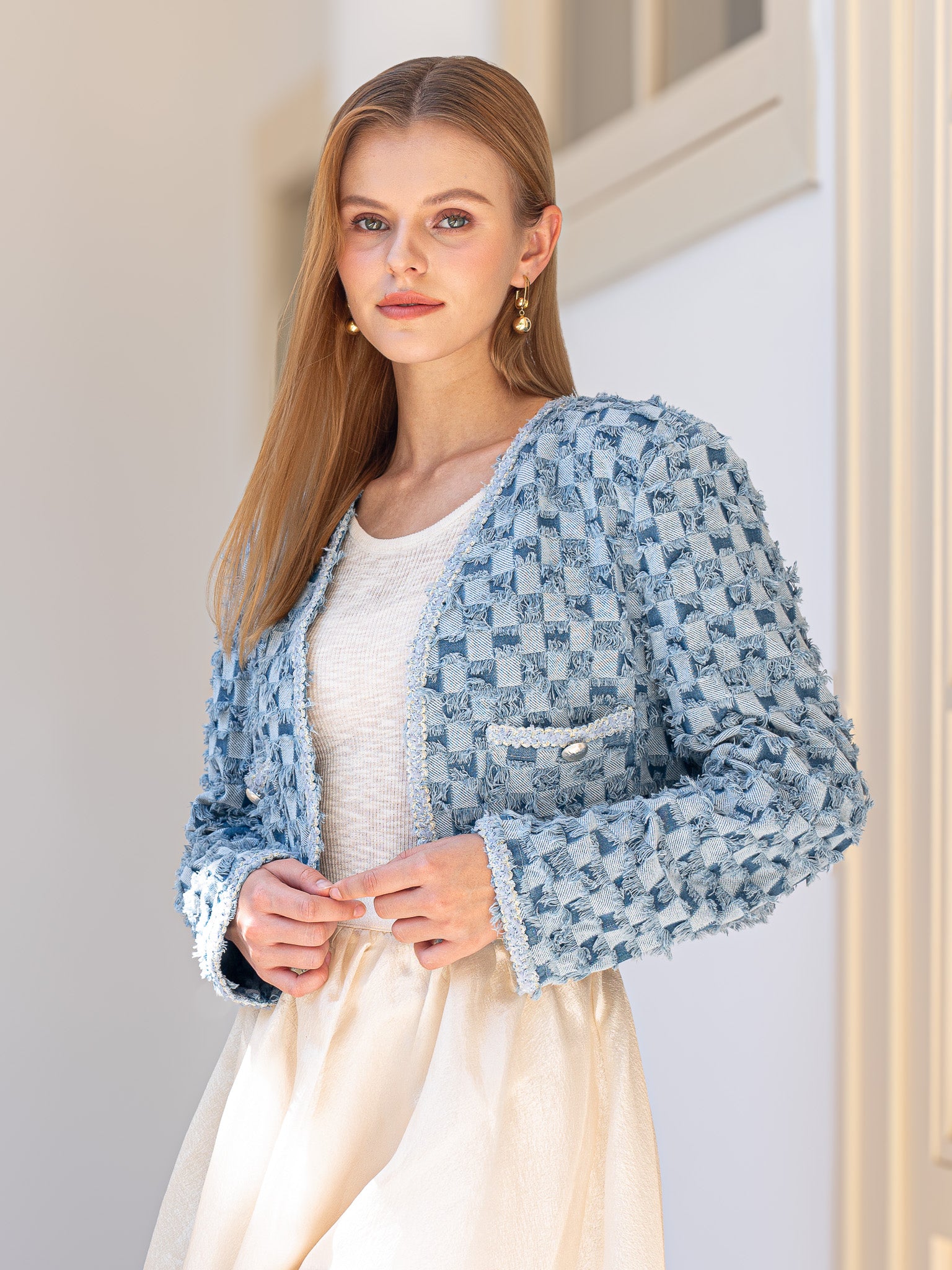 RP2438 - Fringe Textured Blue Cropped Jacket (2S-2M-2L)