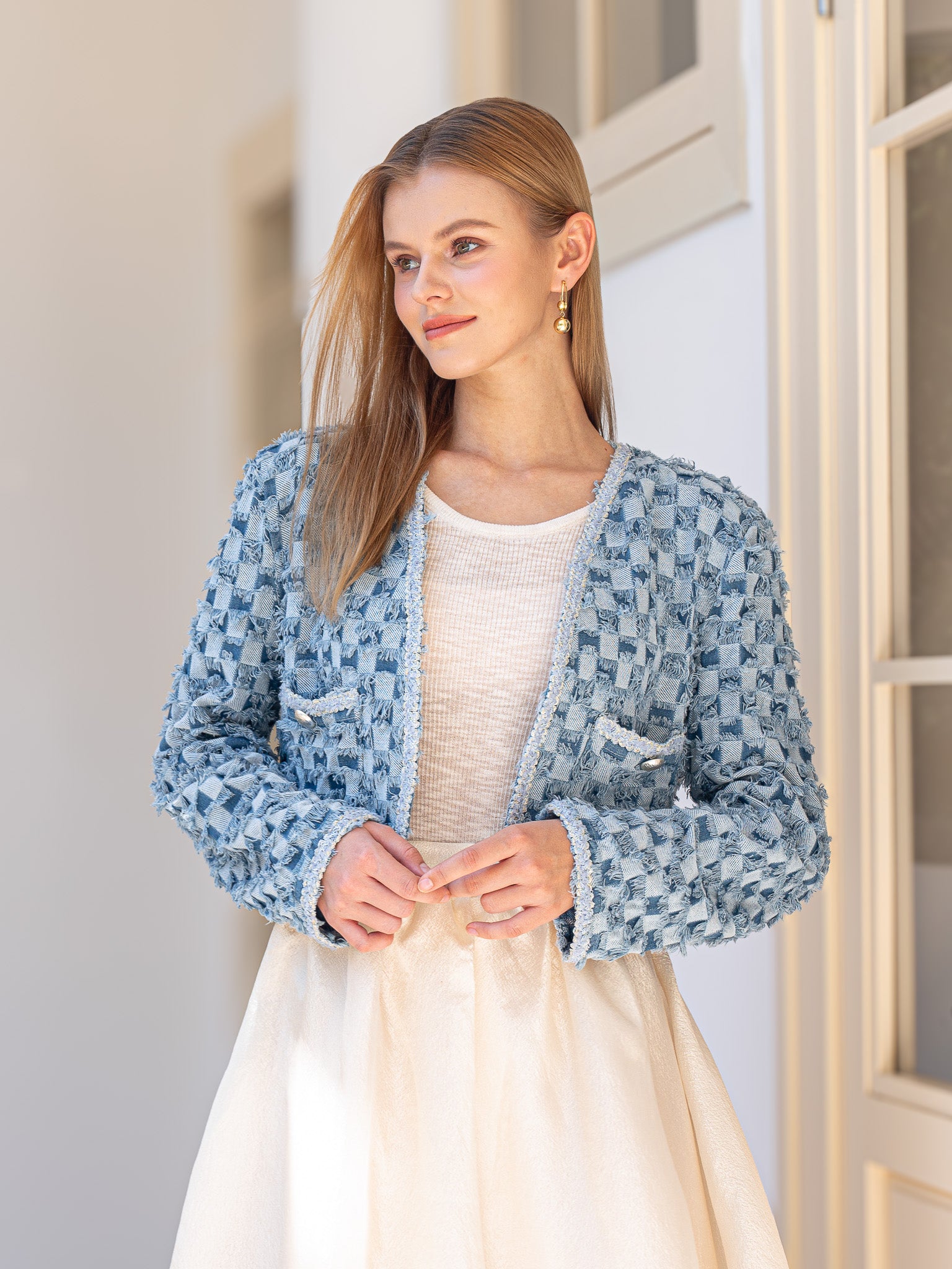 RP2438 - Fringe Textured Blue Cropped Jacket (2S-2M-2L)