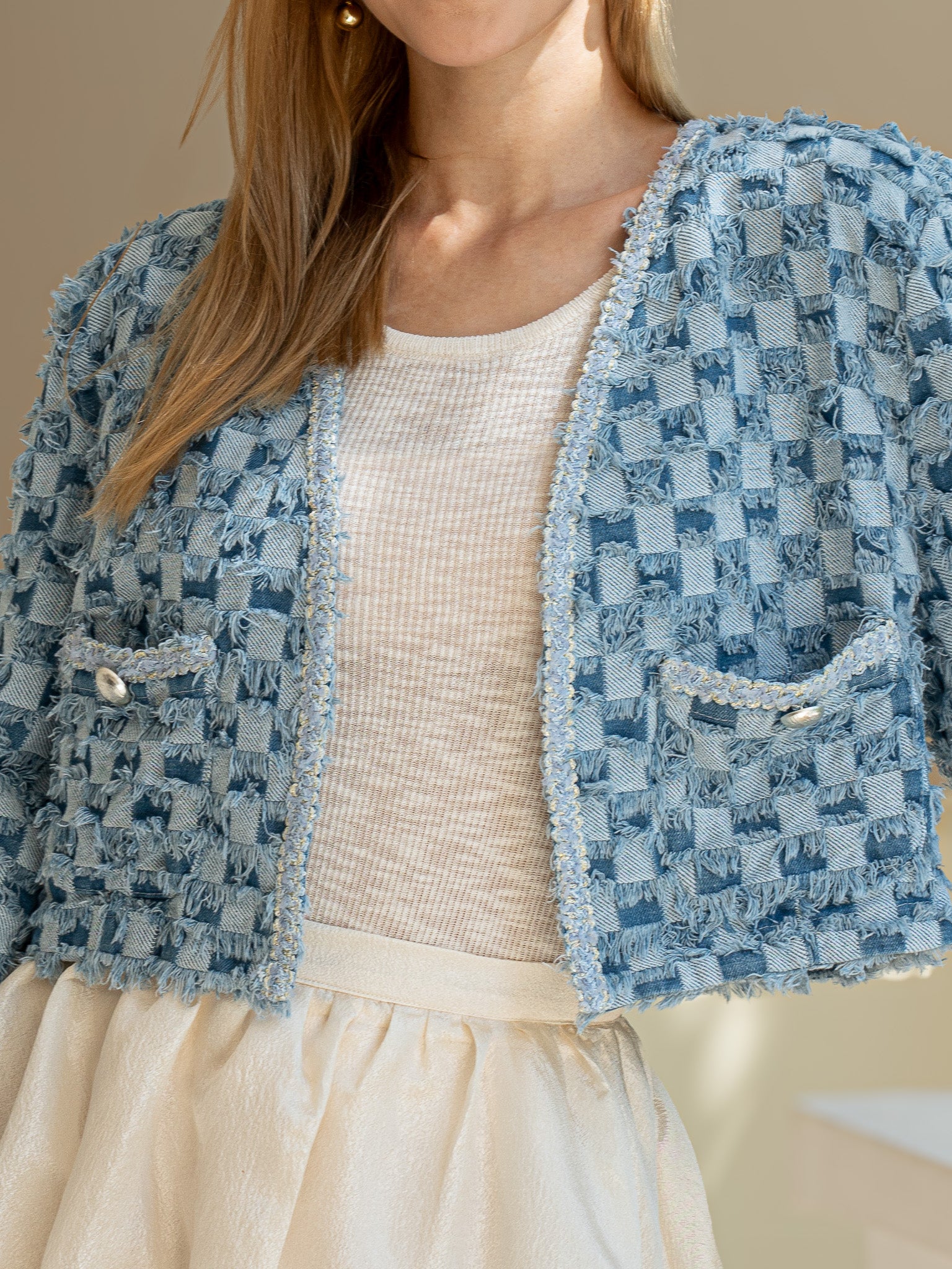 RP2438 - Fringe Textured Blue Cropped Jacket (2S-2M-2L)