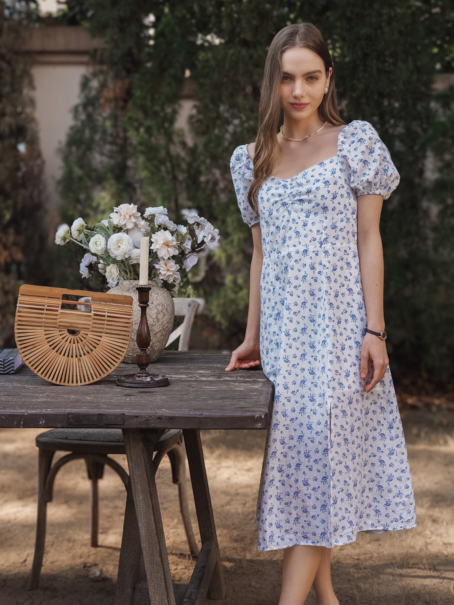 RP2221 - Vintage-Inspired Blue Floral Midi Dress with Puff Sleeves (2S-2M-2L)