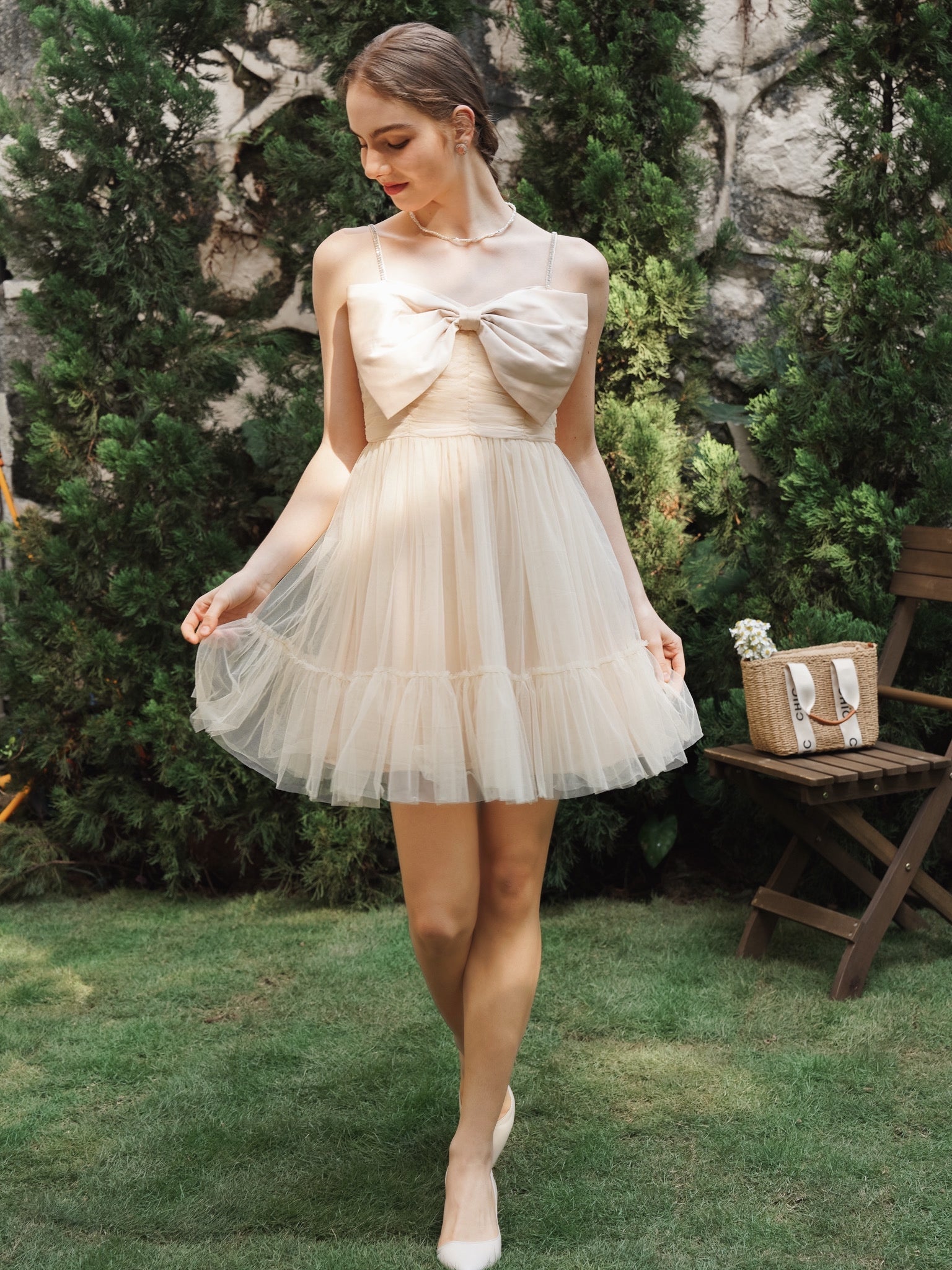RP2250 - Champagne Tulle Cocktail Dress with Bow Accent and Sheer Overlay (2S-2M-2L)