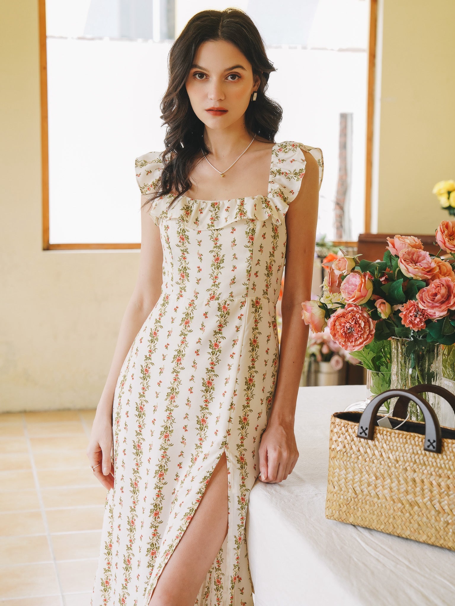 RP2266 - Floral Ruffle-Trimmed Midi Sundress (2S-2M-2L)