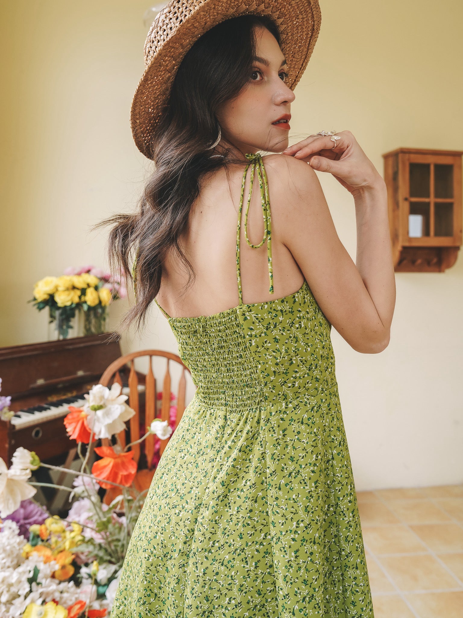 RP2267 - Green Ditsy Floral Smocked Sundress (2S-2M-2L)