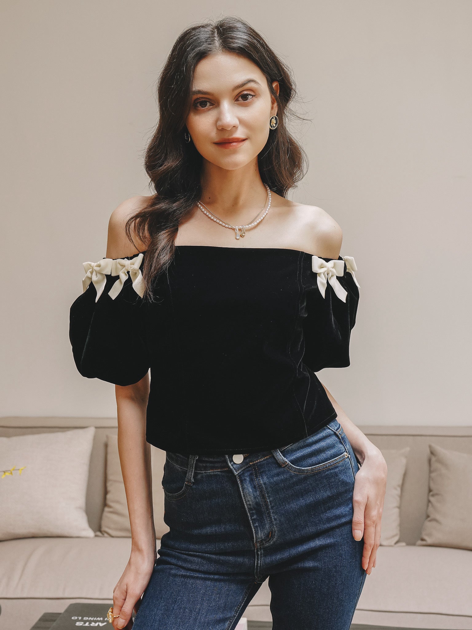RP2271 - Black Bow-Tie Velvet Off-Shoulder Top (2S-2M-2L)