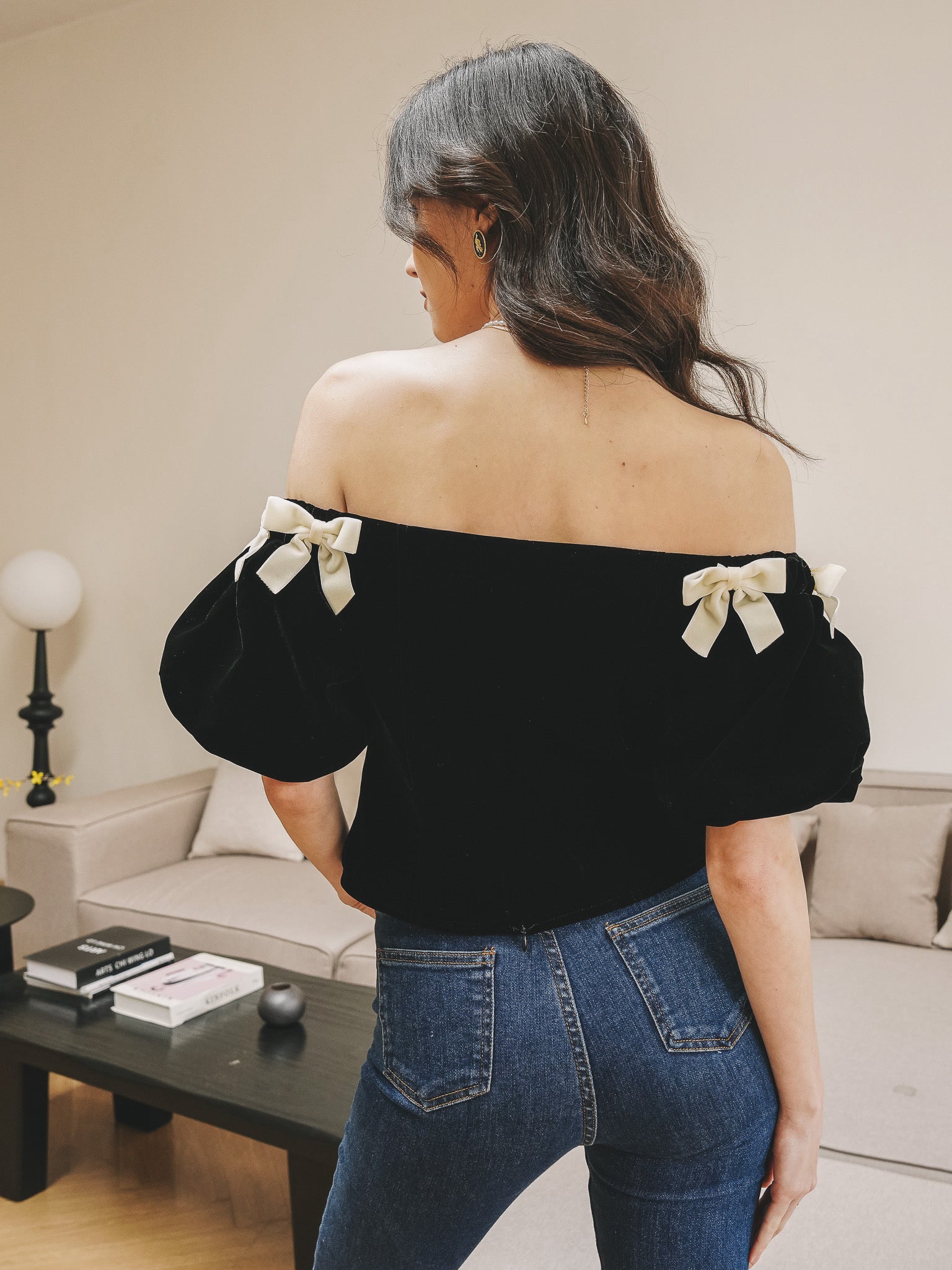RP2271 - Black Bow-Tie Velvet Off-Shoulder Top (2S-2M-2L)