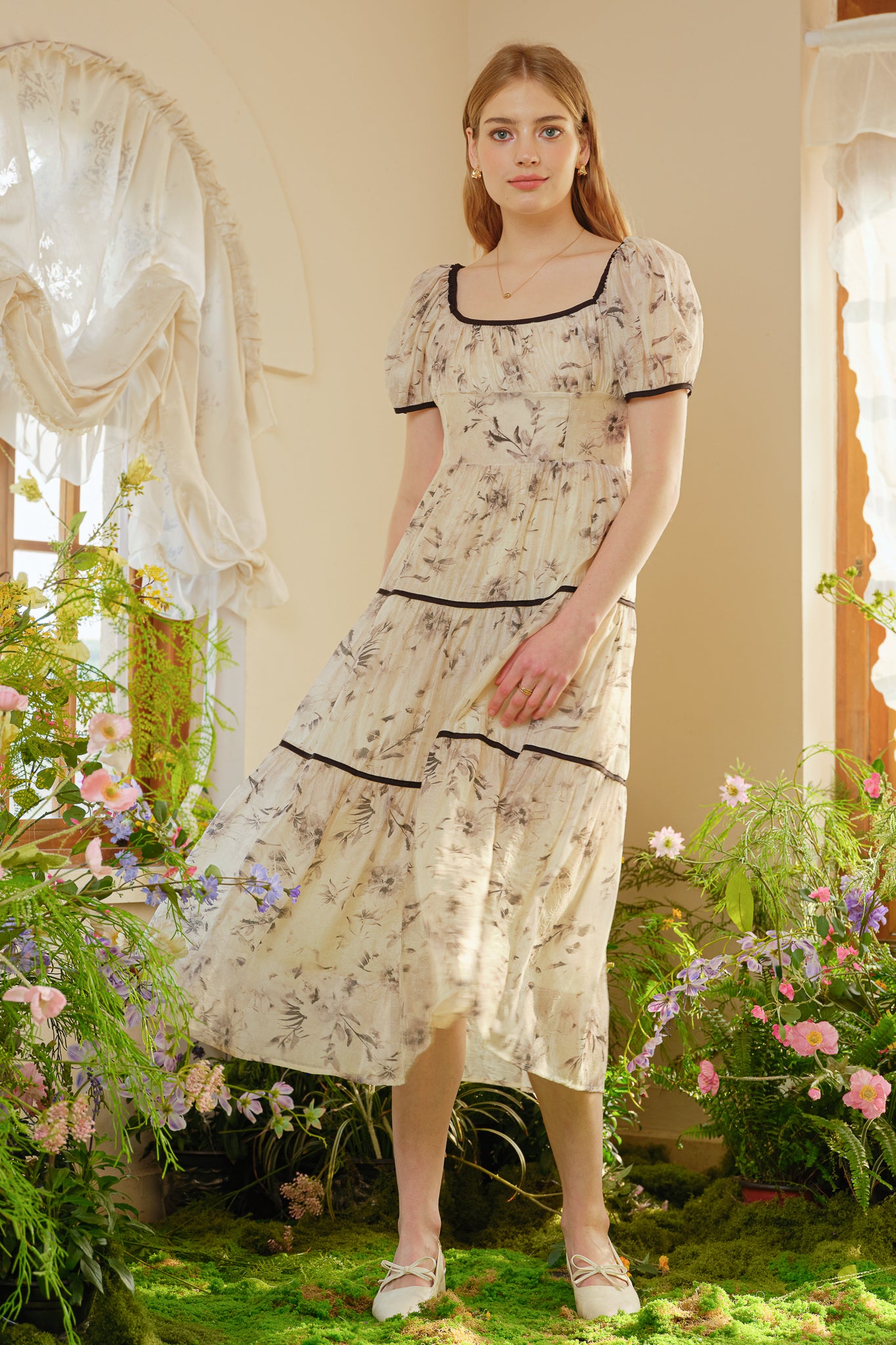 RP2503 - Ivory Floral Tiered Peasant Dress (2S-2M-2L)