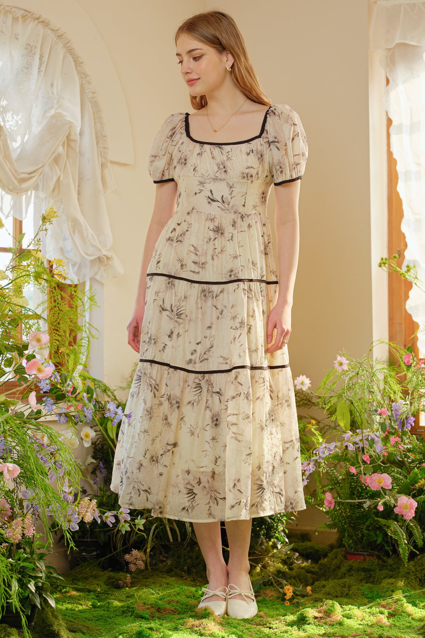 RP2503 - Ivory Floral Tiered Peasant Dress (2S-2M-2L)