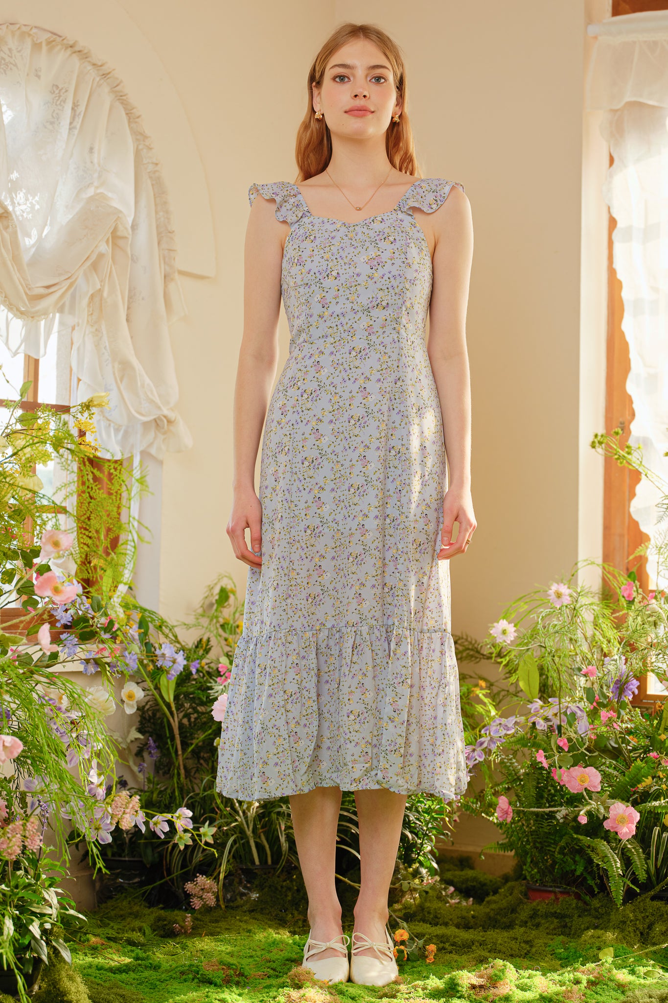 RP2395 - Blue Blossom Print Long Dress (2S-2M-2L)