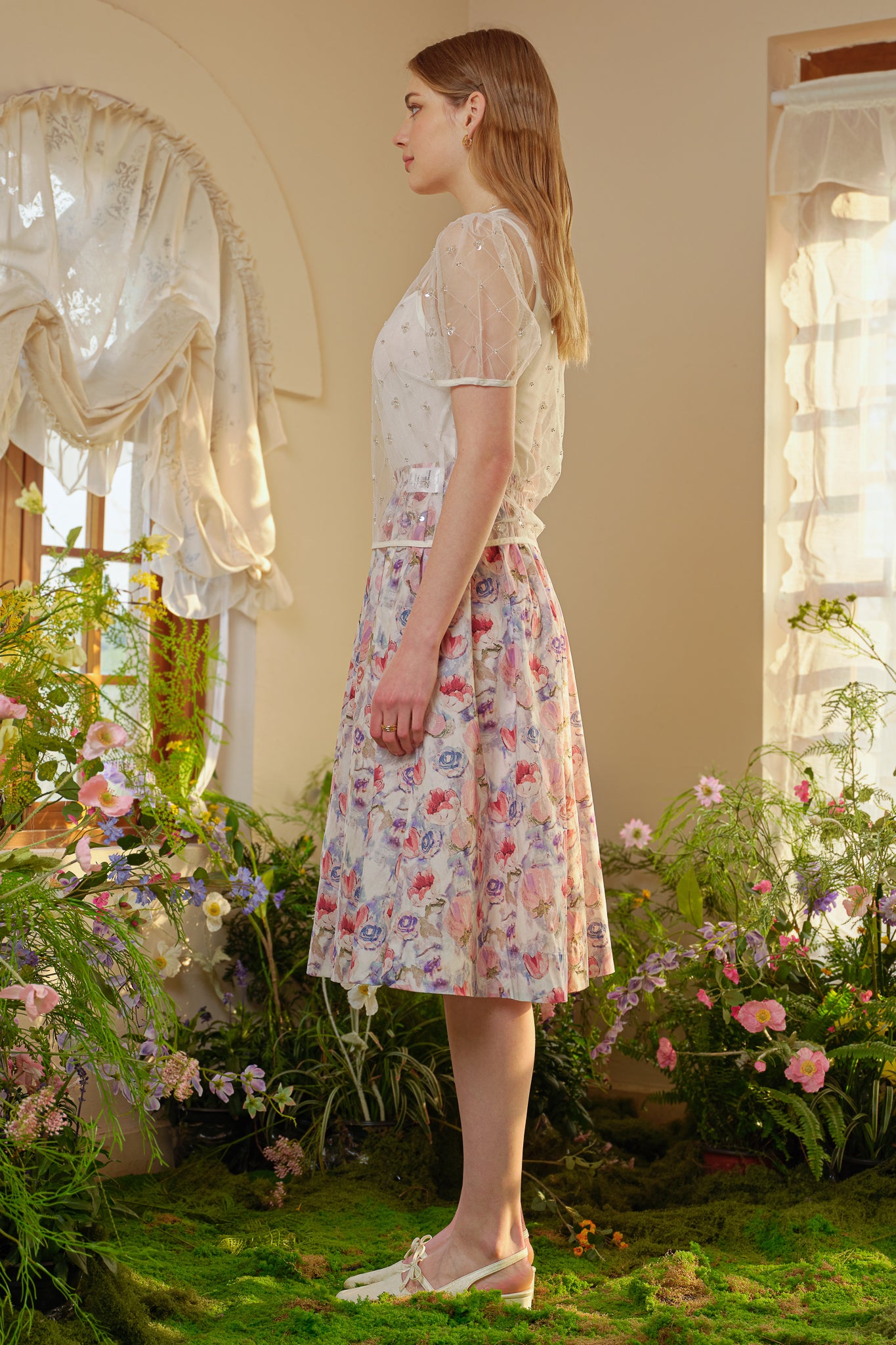 RP2281 - Pastel Blue Floral Fantasy Midi Skirt (2S-2M-2L)
