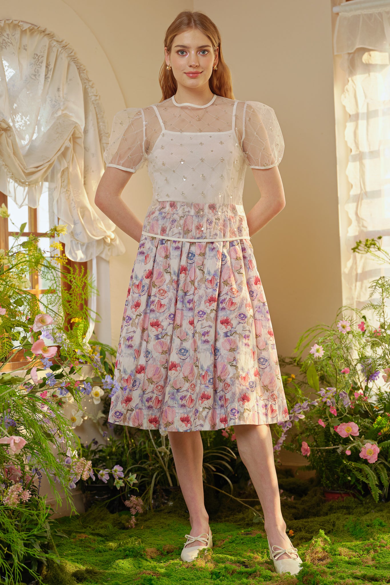 RP2281 - Pastel Blue Floral Fantasy Midi Skirt (2S-2M-2L)