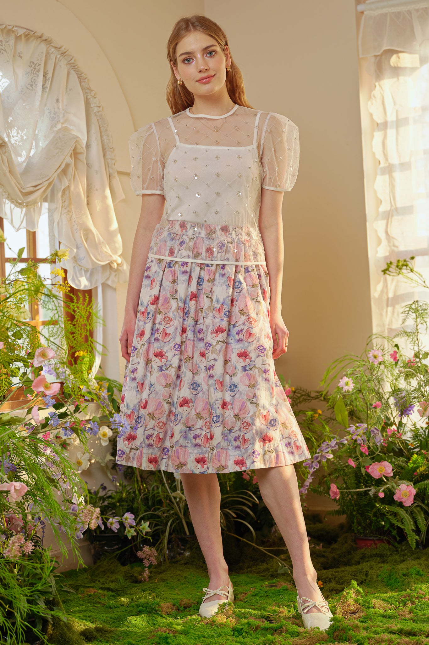 RP2281 - Pastel Blue Floral Fantasy Midi Skirt (2S-2M-2L)